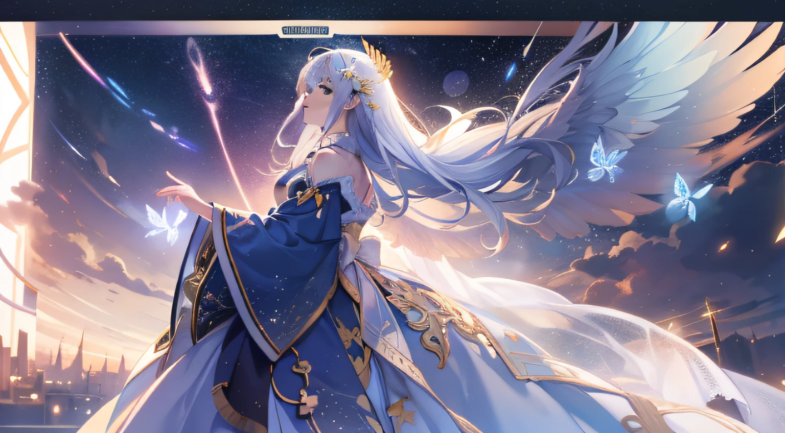 Under a fantastic night sky,An angel floats in the air。She wears a shining feather robe,Holding a bright beam of starlight in his hand。The night sky is twinkled with countless stars and shooting stars,It creates an atmosphere of mystery and romance。The style is digital illustration,Use brilliant colors and soft light effects,to show the magic of angels and the beauty of the night sky。