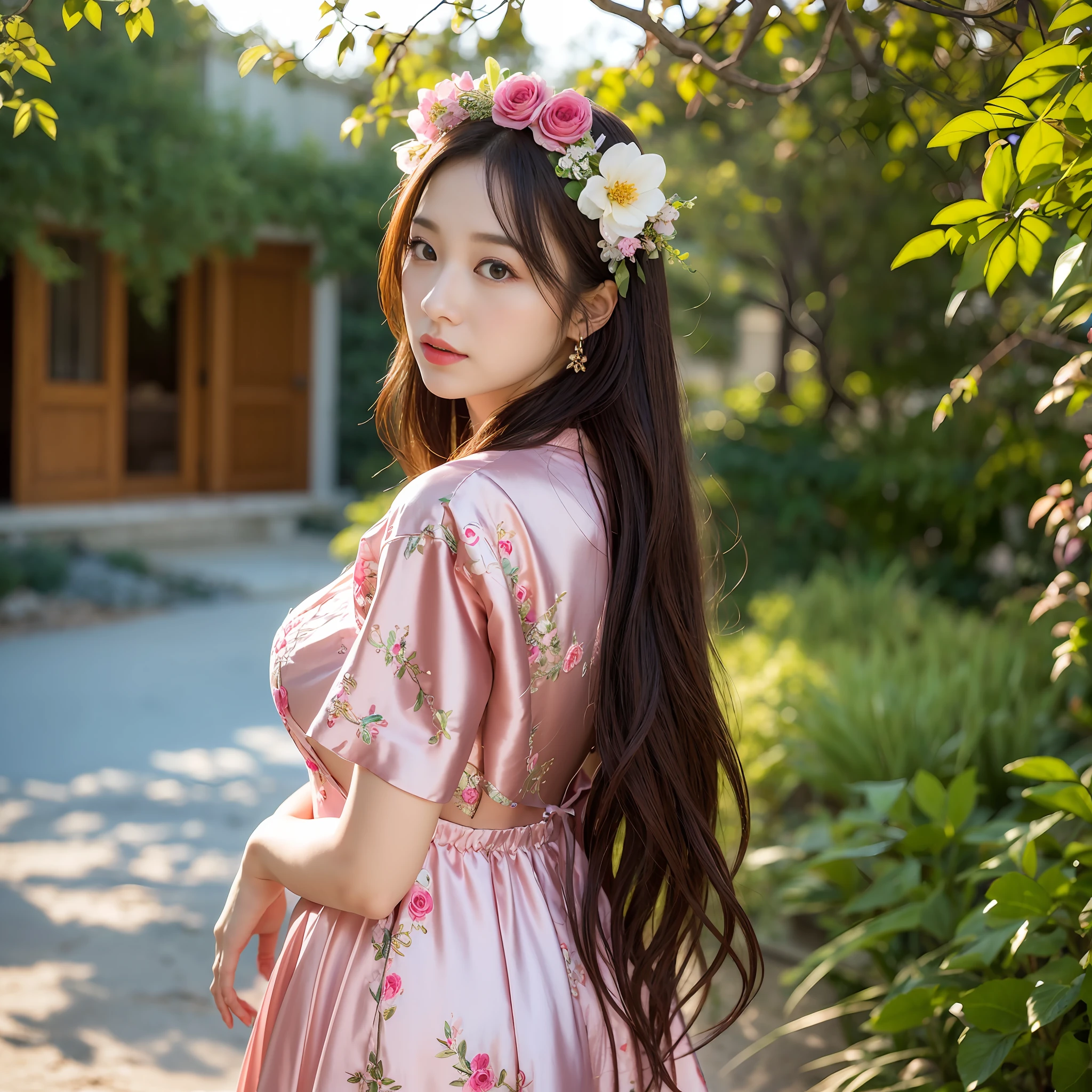 (top-quality、​masterpiece:1.2)、Flower headband on the head、portraitures、huge tit、outside of house、25-year-old woman named Yiping in the garden:2、Crimson Party Long Dress、Satin fabric、Fine floral embroidery、stockings、Seaside sandy beach、the same character、different costume、Different Angle、back lighting:1.5、More on rich skin:1.5、breezing、Hair swaying in the breeze