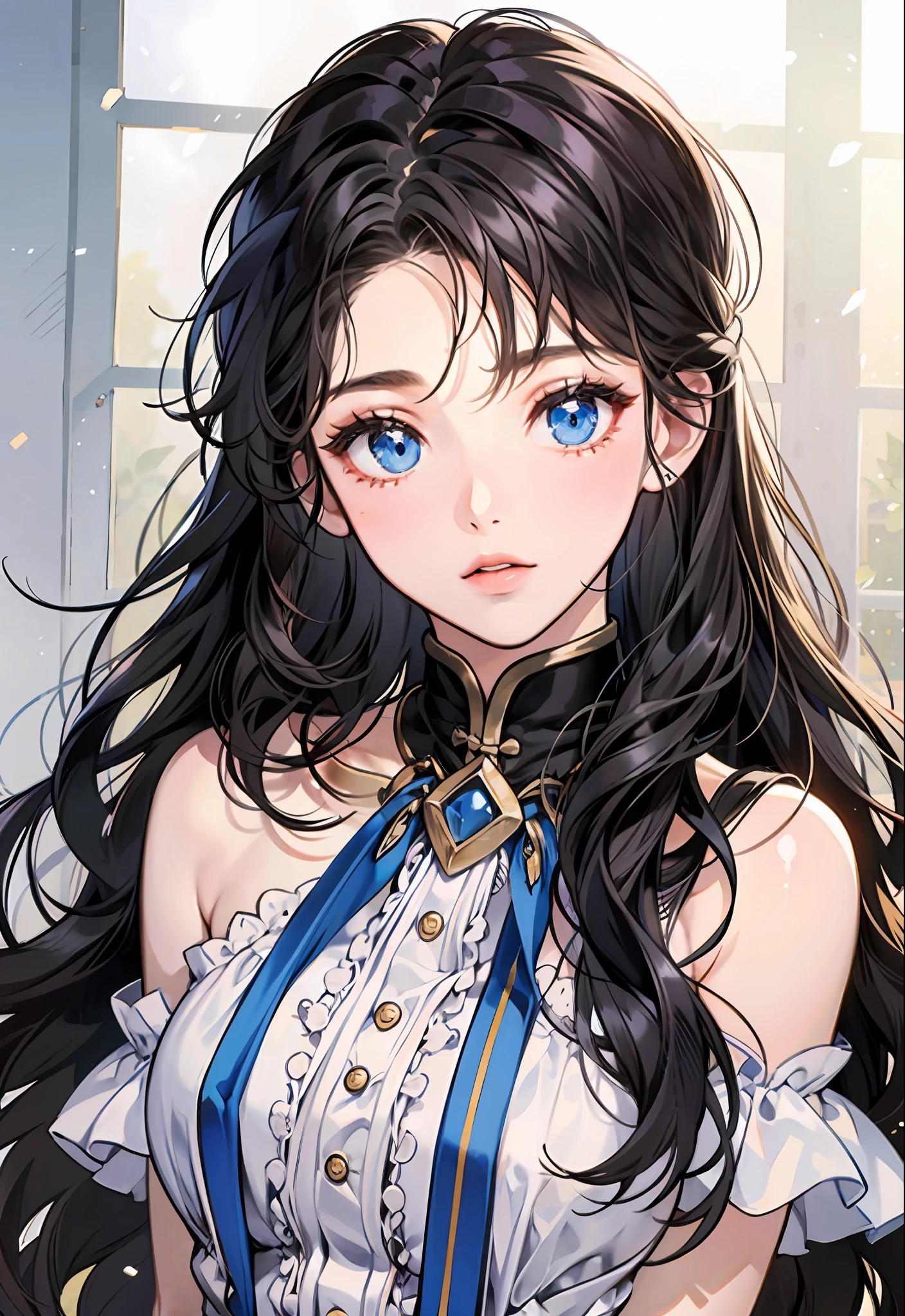 Long black hair and blue eyes，Girl in white dress，modern day，Simple，With bangs，face expressionless。