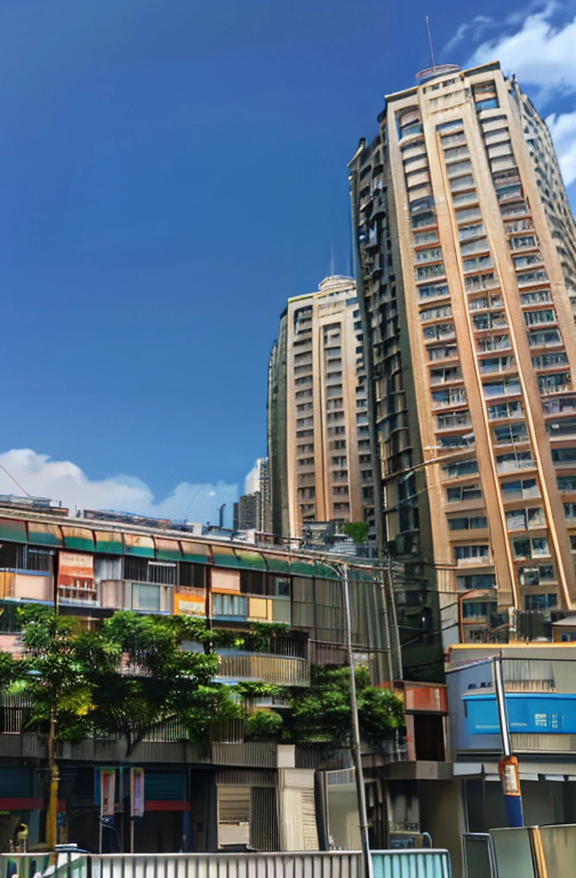 High-rise buildings in the city，There are billboards on the sides of the building, the neat and dense buildings, tall buildings on the sides, Hard and sturdy construction, tall buildings in background, Tall structures, Tall structures, High-rise buildings, Tall structures, hong kong buildings, from street level, skybridge towers, View from below, view from ground