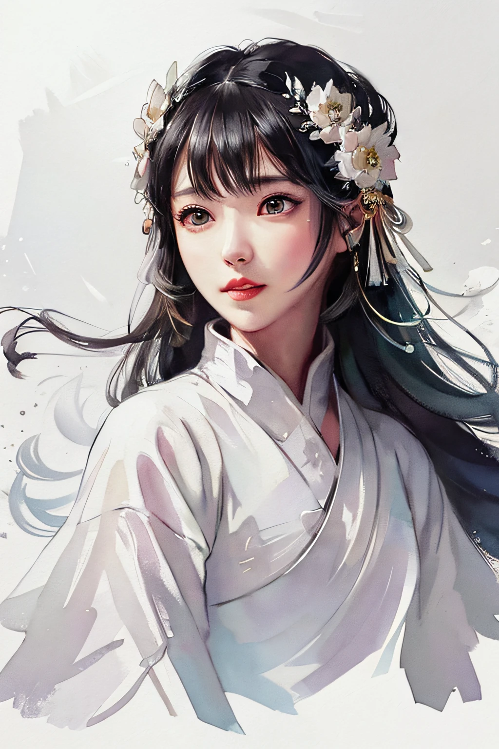 stechu,(white background:1.4), ((tachi-e)), original,(illustration:1.1),(best quality),(masterpiece:1.1),(extremely detailed CG unity 8k wallpaper:1.1), (colorful:0.9),(panorama shot:1.4),(solo:1.2), (ink splashing),(color splashing),((watercolor)), clear sharp focus,{ 1girl standing },((korean style )),flower background,outdoors,rocks, looking at viewer, make happy expressions,soft smile,pure,beautyfull detailed face and eyes,beautyfull intricacy clothing decorative pattern details, black hair,black eyes,colorwater