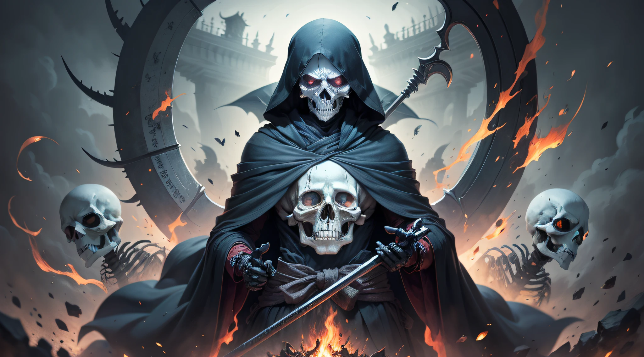 shinigami、black robes、large Scythe、Skeleton face、Burning eyes、
