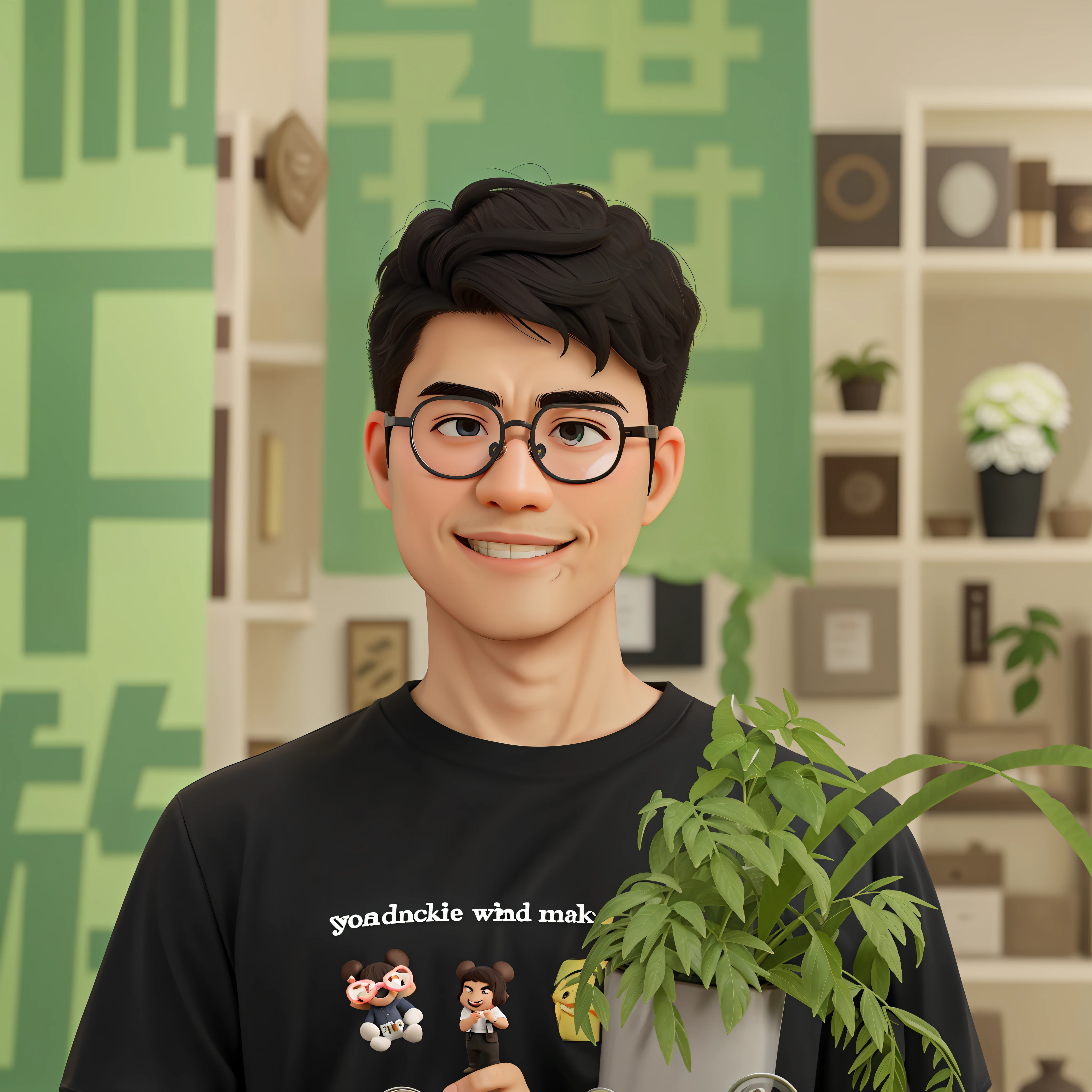 Disney style,high high quality,Masterpiece,32-year-old male,Single eyelid,Asian people,chineseidol,Smile,Thick lips,A handsome young man , keep the consistency of action ,expression , Clothing , shape and appearance of the photosh , Super detail , blender , deflate , ip , blindbox , cinematic edge lighting,black t-shirts,Single Eyelids,Thin grey metal glasses frame,Look straight ahead with both eyes,There is stubble,Types of round faces,Thick eyebrows,Not cross-eyed curls,Metal thin-rimmed glasses,A plant,vases