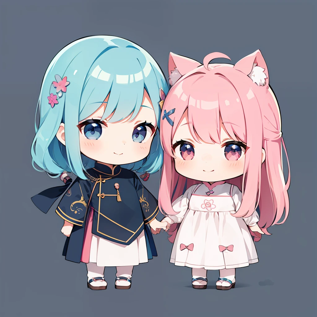 超A high resolution, nffsw, Best aesthetic, Best Quality, masutepiece, Flat Avatar, Perfect litthing、(colourfull、vivd colour: 1.4)、a Dog、a couple,Both have iridescent hair, They are in love and shy.Girl with shining eyes with cotton candy, A smile, hair adornments, Chibi, simple background, blue hairs, 耳环, X Hair Ornament, jewely, side locks, large oval eyes,Flat Avatar, A smile, head shot, simple background, A dark-haired,