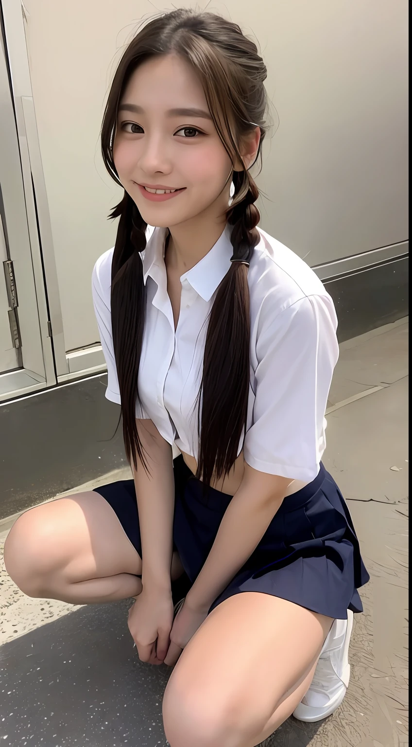((Top Quality, 8K, Masterpiece: 1.3)), 1 person, slender and tight abs, beautiful naked Japan schoolgirl: 1.3, full body type, Japan uniform, full open shirt, shirt on skin, dark blue pleats, super miniskirt, panties show, (smooth pigtails long hair, light brown hair, big,), no bra, see-through, super delicate face, delicate eyes, double eyelids, smile, at school, sit, squatting, white socks,