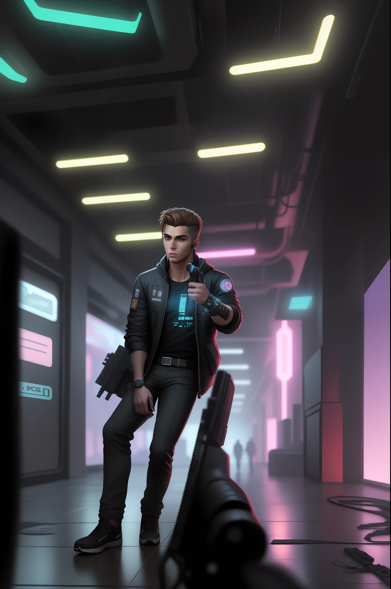 "Change the background to a cyberpunk setting with a handsome boy featuring a realistic face, in ultra-high resolution (8k), and with ultra-realistic details."