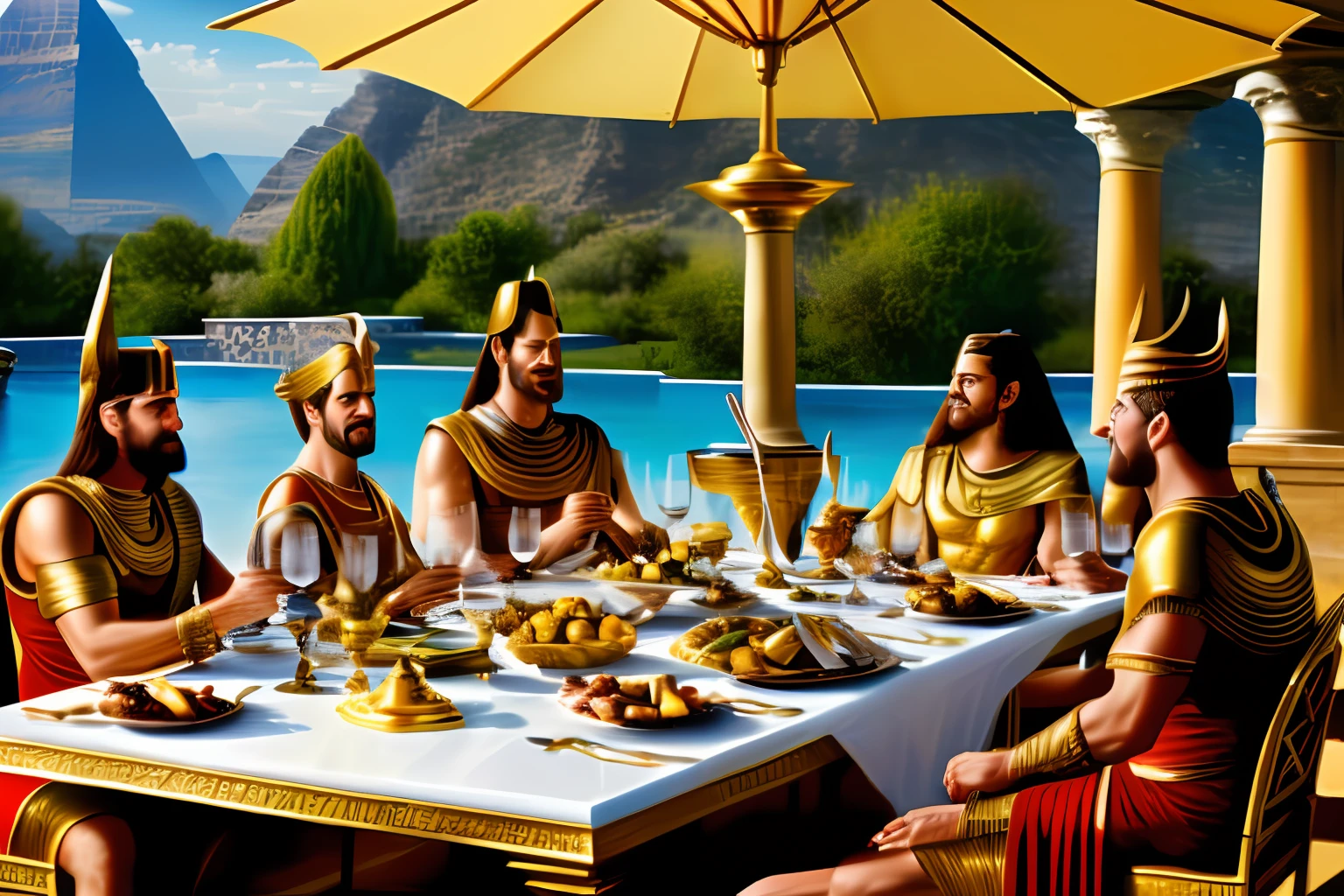 (fun) (ultrarealism) (64k UHD) (realistic photo) three Gods of Egypt, Gods of Olympus and Norse mythology sitting at the table having lunch, with various meals, chalices, wines, dances, songs, gold coins, notebook on the table, terrace, pool (realistic)