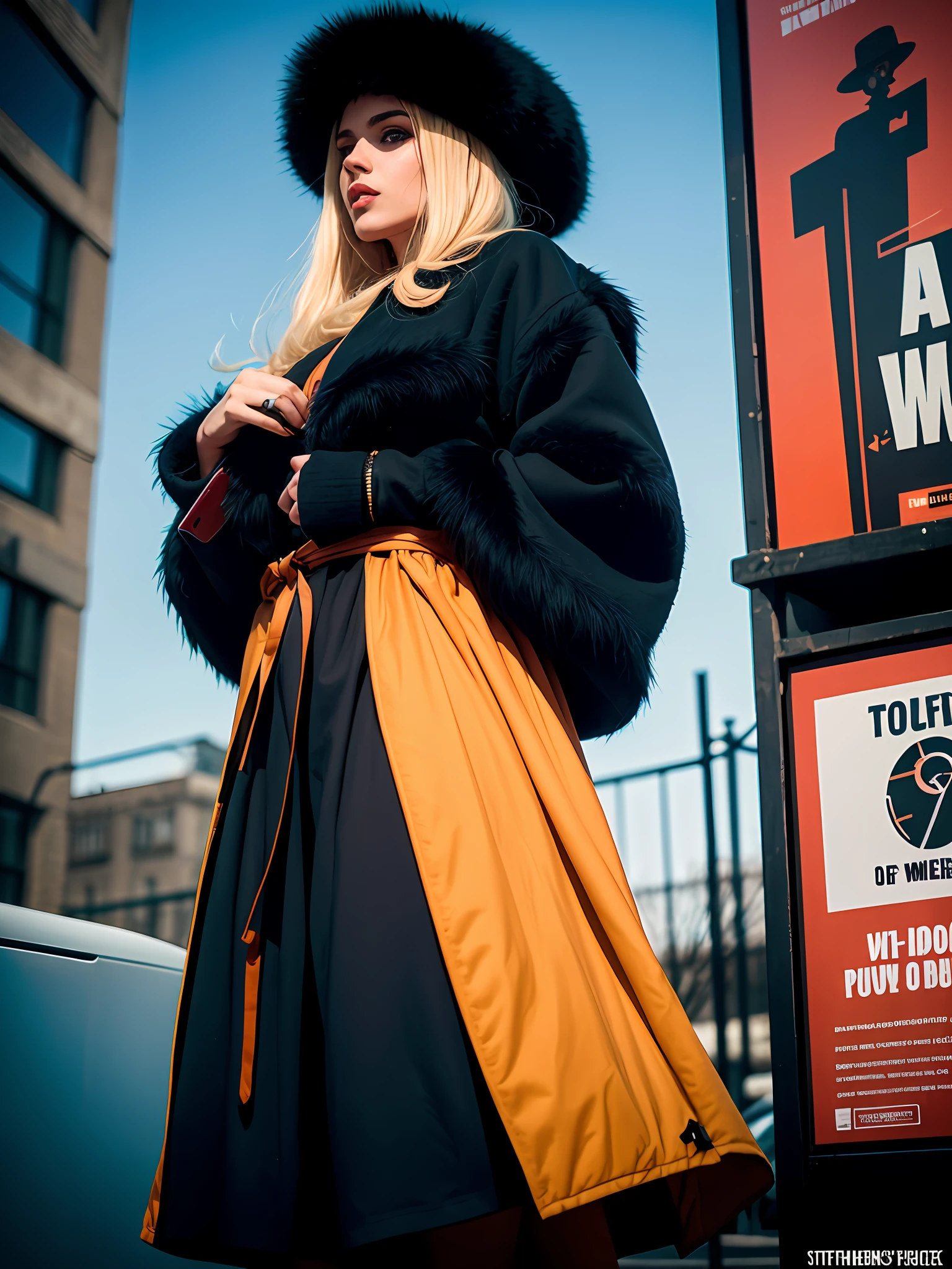 blond woman in a black and yellow coat and hat standing in front of a sign, black and orange coat, orange and black tones, orange fur, black and orange, street photography style, orange and black, woman in streetwear, by Tobias Stimmer, by Sebastian Vrancx, orange details, shot on leica sl2, details and vivid colors