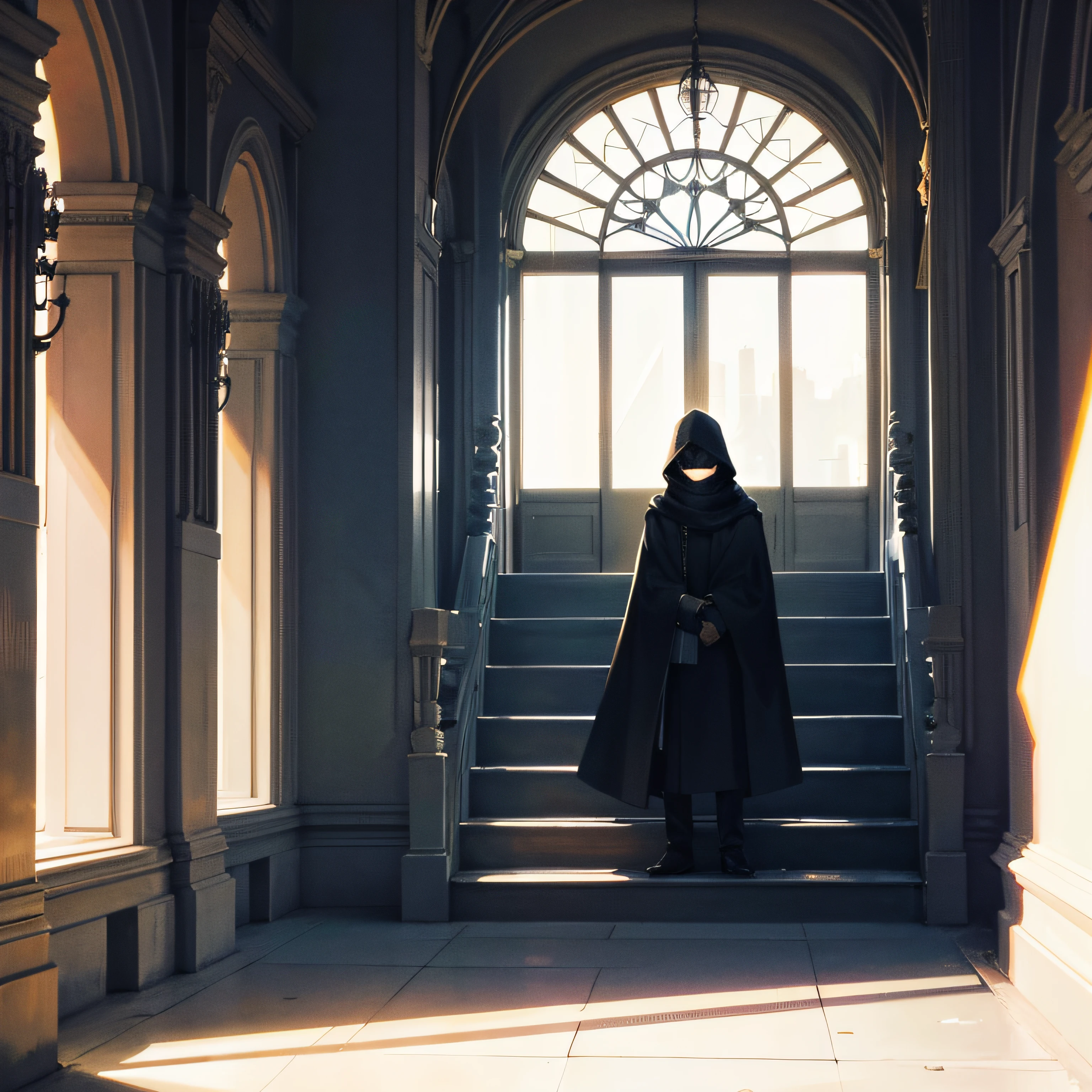 suspenseful,The man covered his head and sat on the ground,The huge shadows condensed into solids ,Dark wind,Staircase entrance,Without sunlight
