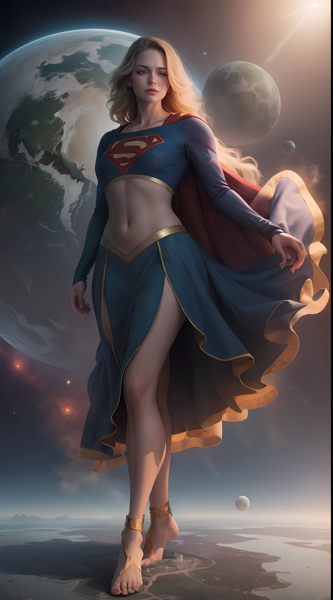 (((Towering over you))), face,supergirl Beautiful woman (20 years old, long blonde hair, blue eyes) defined body, detailed, using tube dress cosplay supergirl suite, smirking, standing on a planet in space with her full body in view, cosmic background, furrowed brow, barefoot, (((midriff exposed)))