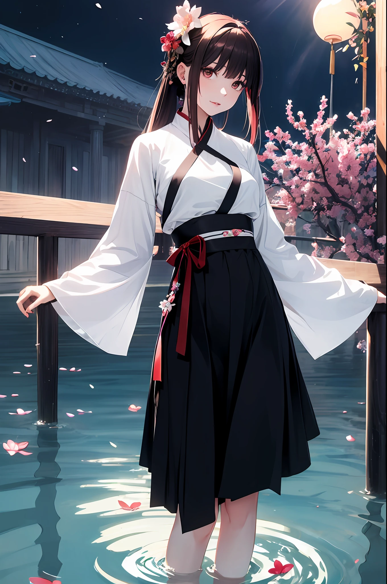 A cute girl,flower sea,ponds,Petals float on the water,lilie,鎖骨,Big shiny and delicate eyes,Dark background,rays of moonlight,Hairpins,Yupei,Hanfu,exquisite face, hair adornments, rosy lips, Wrap the sling,Wear a multicolored shirt,Hanfu long skirt, obi strip, jewelry,long whitr hair, 耳Nipple Ring, , Strands of hair,Perfect body proportion,dampness,slender leg,Stand on a bridge,orthofacial。