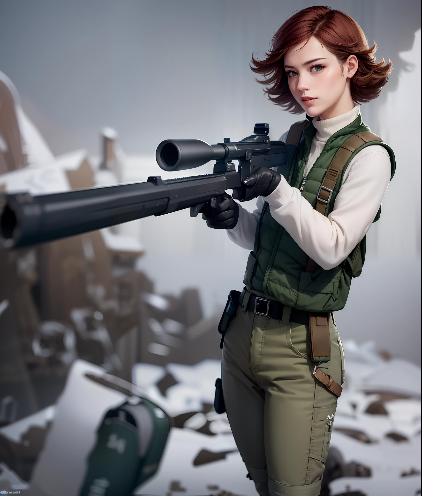 masterpiece, best quality,cgi, (realistic), extreme detail, 8k, 1girl, perfect face, extreme detail,  meryl, white fur winter clothes, white military vest, belt, green pants, fingerless gloves, boots, mountanis, snow, heavy snowstorm, fog, longs sleeves, magazine pouches, wearing backpack, red hair holding shotgun, holding weapon, Aiming at viewer wears a red mech穿着短皮甲