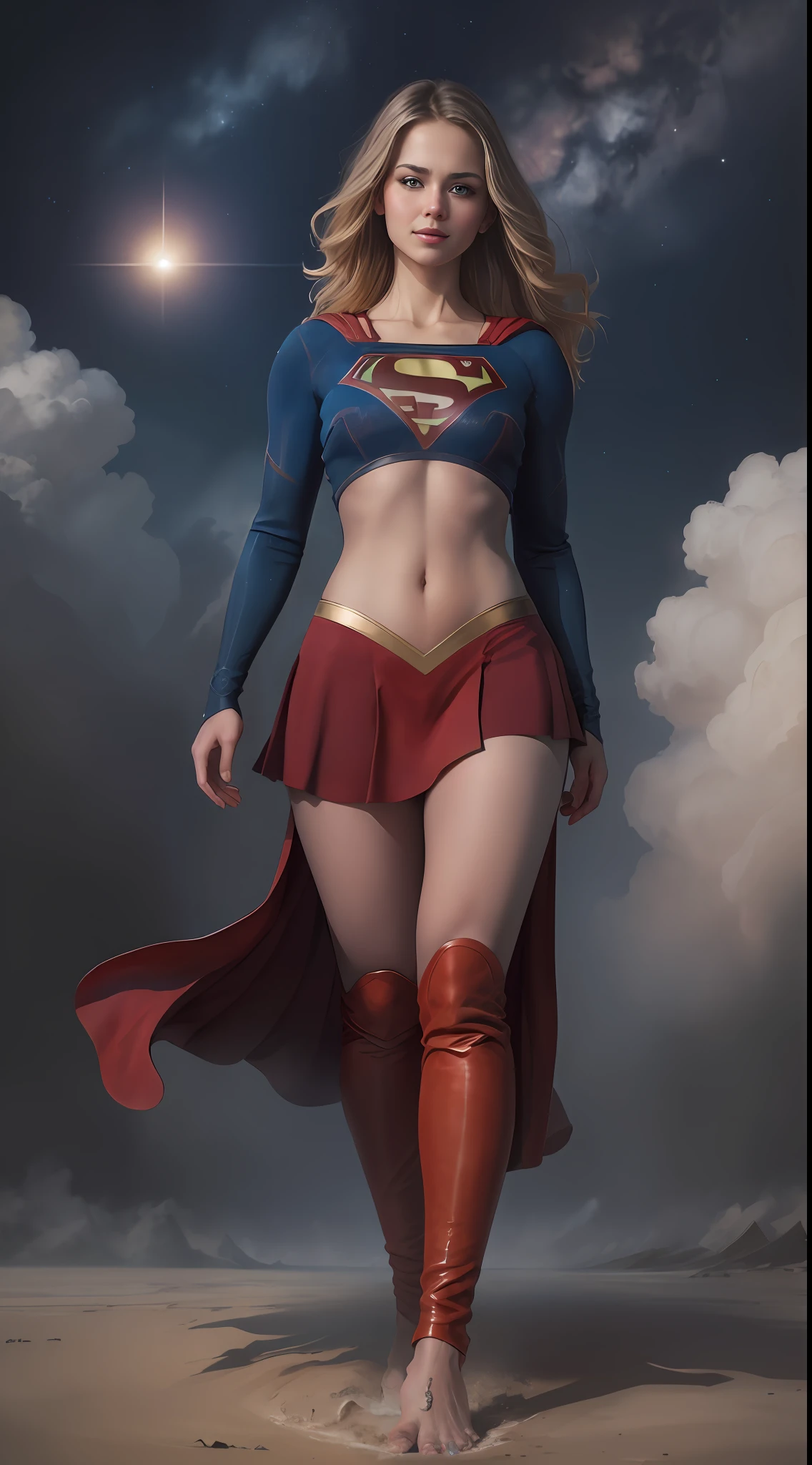 (((Towering over you))), face,supergirl Beautiful woman (20 years old, long blonde hair, blue eyes) defined body, detailed, using tube dress cosplay supergirl suite, smirking, standing on a planet in space with her full body in view, cosmic background, furrowed brow, barefoot, (((midriff exposed)))