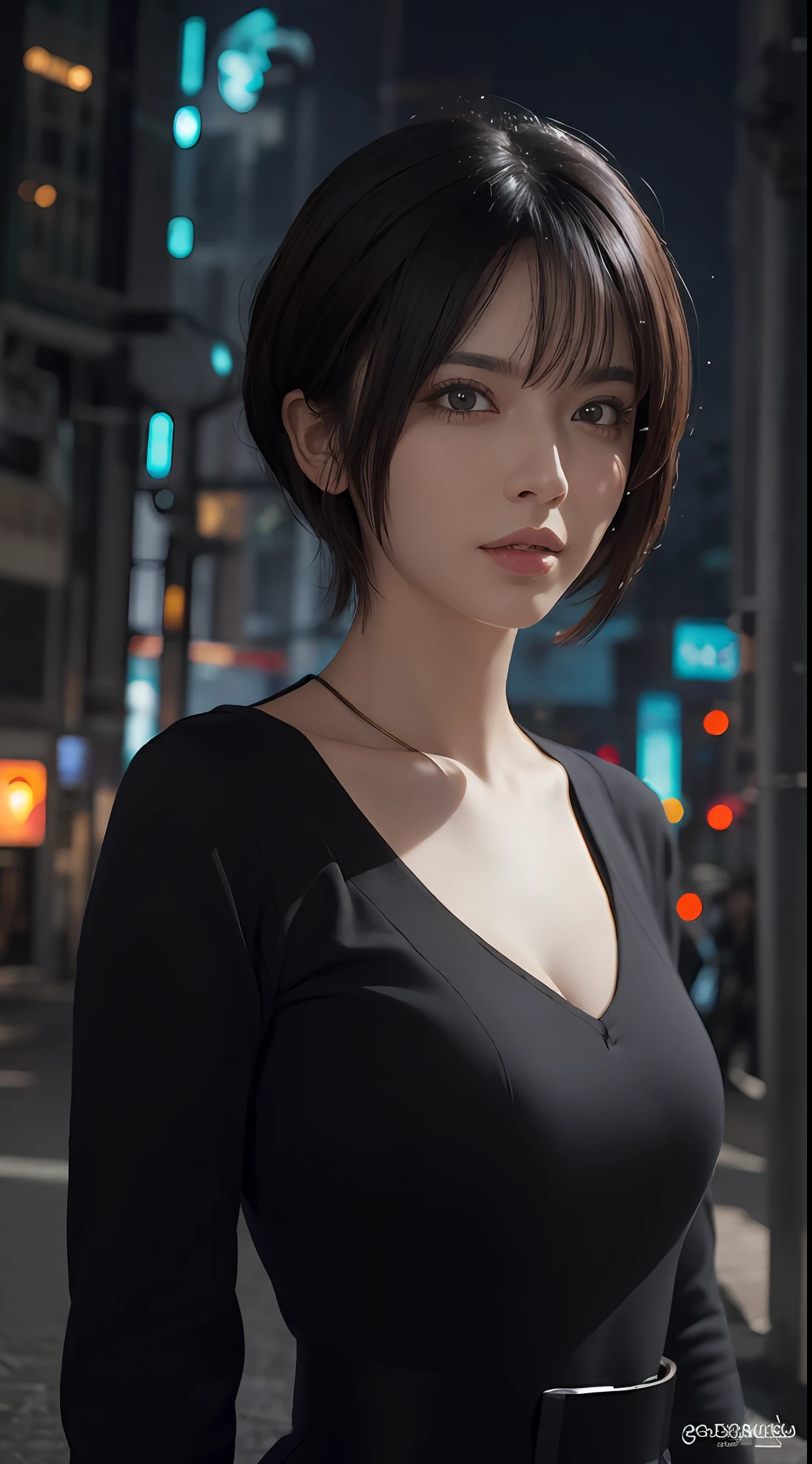 (masterpiece:1.3), (8k, photorealistic, RAW photo, best quality: 1.4), (1 girl), pretty face, (realistic face), (black hair, short hair:1.3), beautiful hairstyle, realistic eyes, detailed fine eyes, (realistic skin), beautiful skin, (breasted top), absurd, attractive, super detailed resolution, surreal golden ratio, very detailed, upper body, cyberpunk, cybercity, night background, street