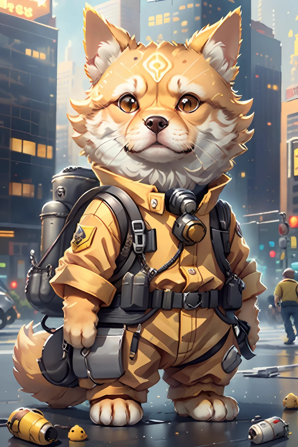 🐶Cute yellow look,Dressed in a firefighter costume,Side portrait,Blind box toy style,skyscraper background。