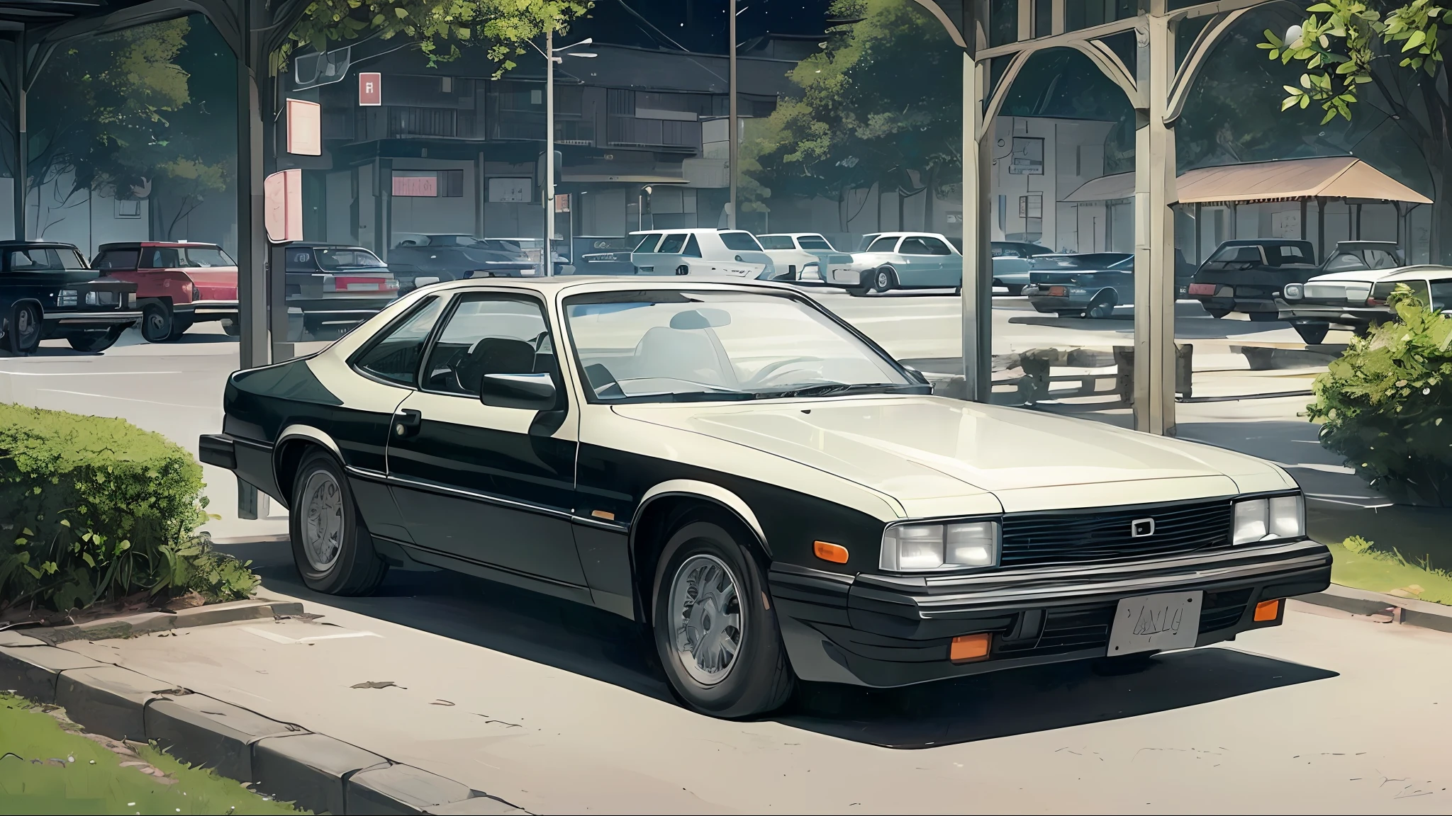 (deep in the night:1.3)、、(Detailed beautiful skin texture、detailed beautiful faces、Ultra-detailed clothing texture)、Compact cars of the 1980s 、(3/4Front view、The car is located in the center of the frame)、、(car park、(softlighting)、、(masterpiece、top-quality:1.4、8K、ultra-detailliert、illustratio、Distinct_image、Convoluted_Details、delicate illustration)、(realisitic:0.15)、