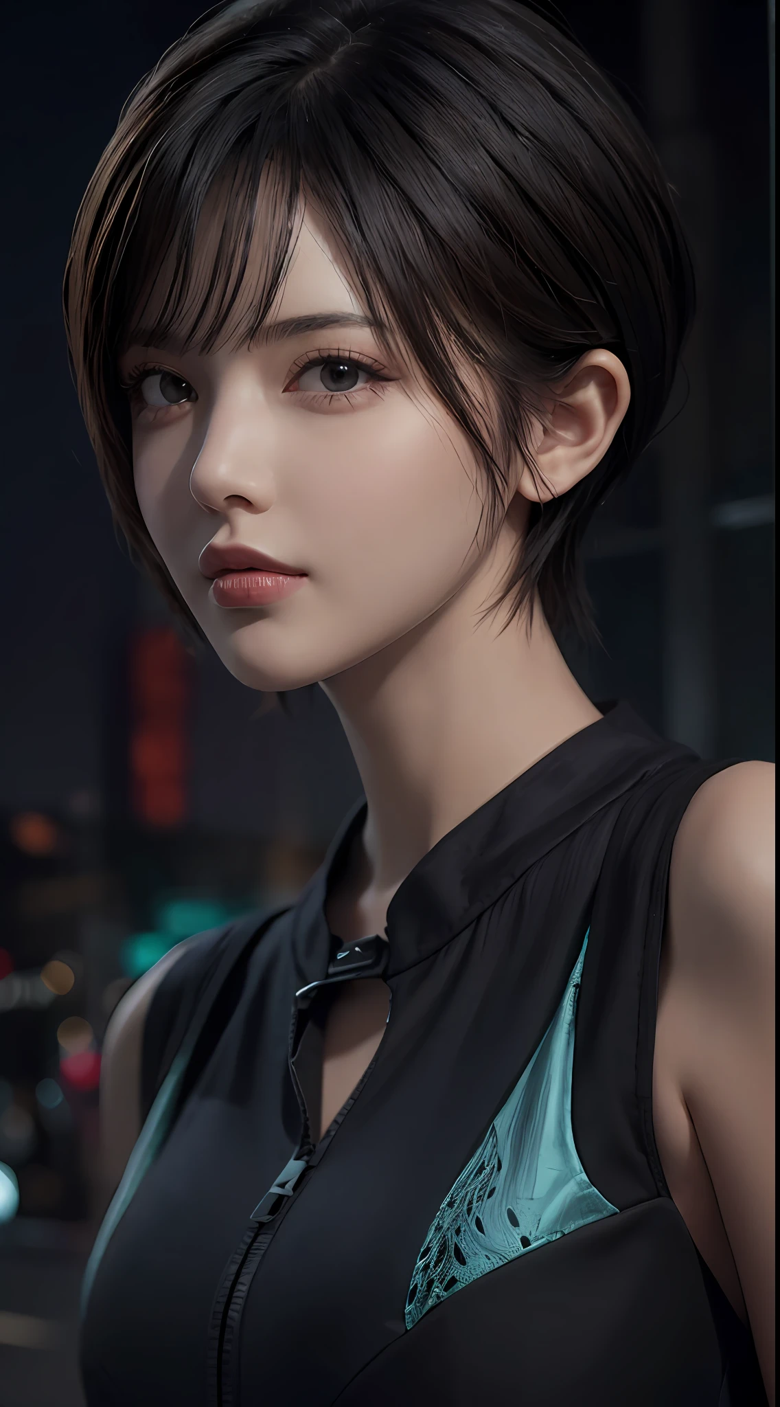 (masterpiece:1.3), (8k, photorealistic, RAW photo, best quality: 1.4), (1 girl), pretty face, (realistic face), (black hair, short hair:1.3), beautiful hairstyle, realistic eyes, detailed fine eyes, (realistic skin), beautiful skin, (breasted top), absurd, attractive, super detailed resolution, surreal golden ratio, very detailed, upper body, cyberpunk, cybercity, night background, street