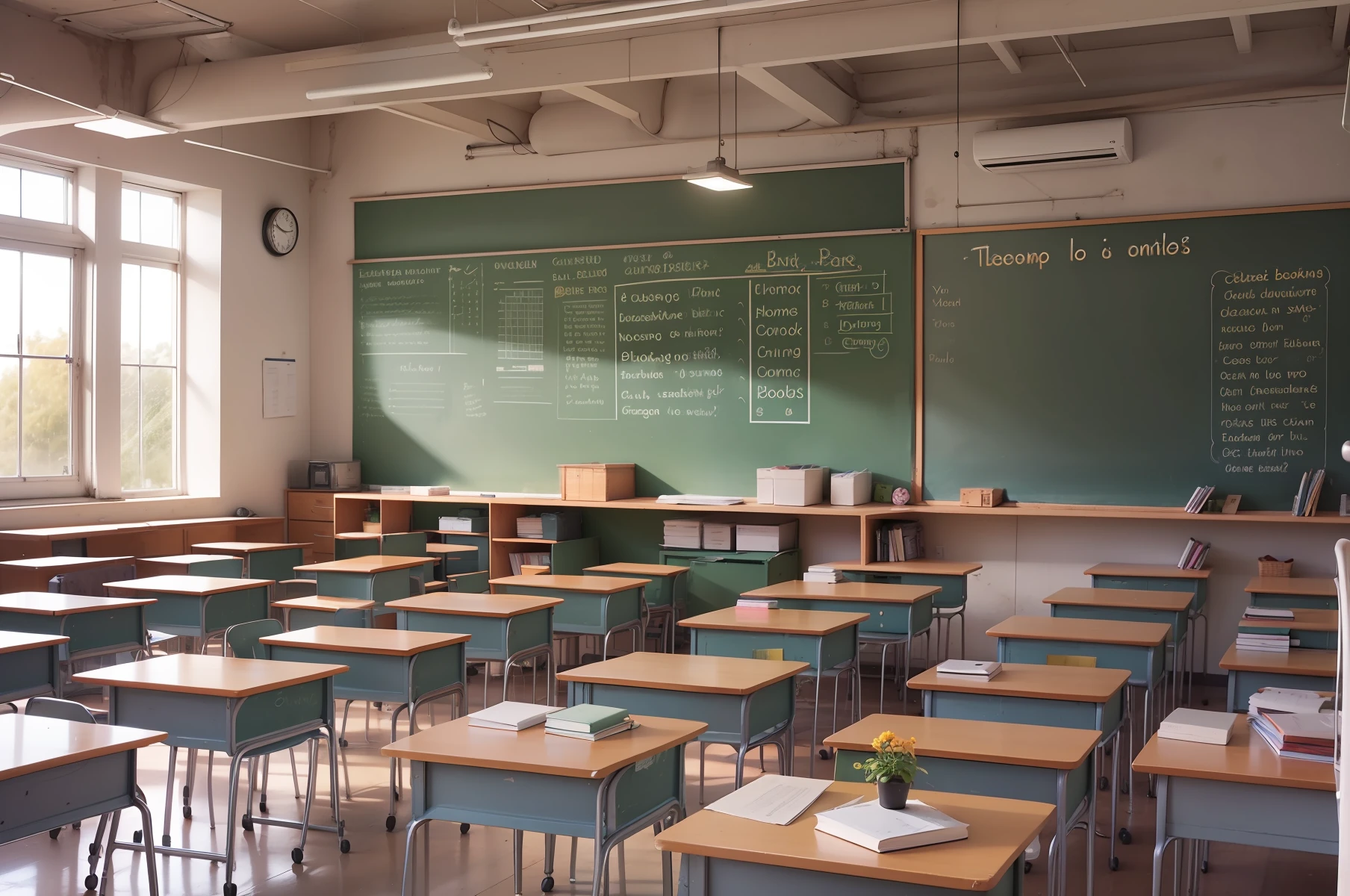 Desks, huge blackboards, classrooms, books, no one