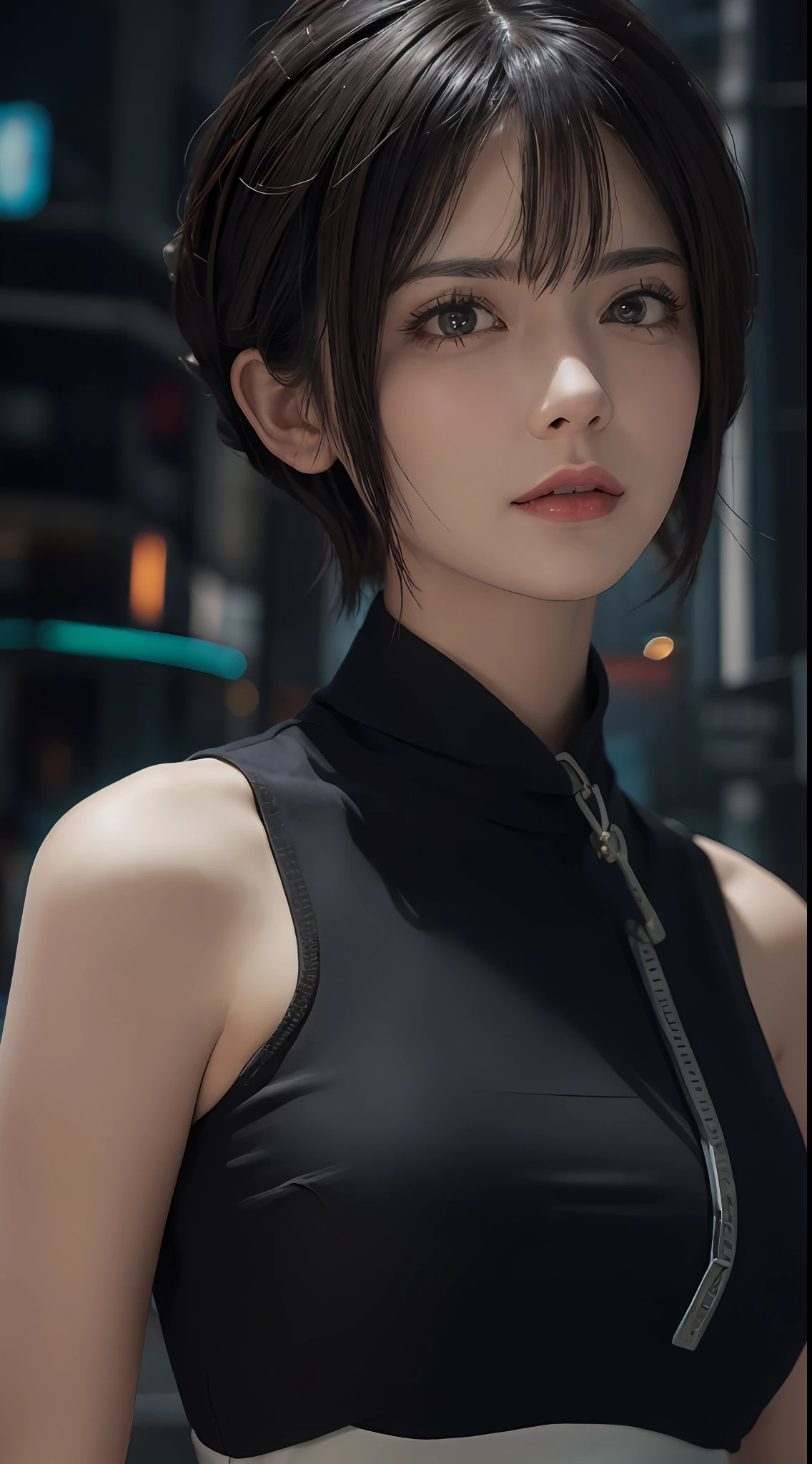 (masterpiece:1.3), (8k, photorealistic, RAW photo, best quality: 1.4), (1 girl), pretty face, (realistic face), (black hair, short hair:1.3), beautiful hairstyle, realistic eyes, detailed fine eyes, (realistic skin), beautiful skin, (breasted top), absurd, attractive, super detailed resolution, surreal golden ratio, very detailed, upper body, cyberpunk, cybercity, night background, street
