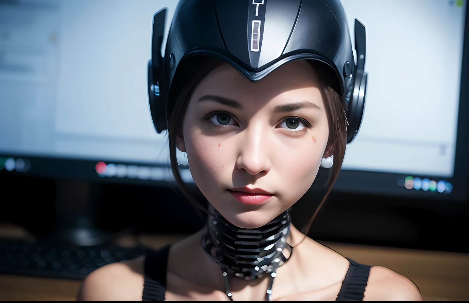 сложный 3D-рендер, ultra detailed beautiful porcelain android woman face, Young woman sitting at the computer in a friendly pose, zolotisní world, robotic details, 150 mm, Beautiful studio soft light, Edge light, Vivid details, luxurious cyberpunk, lace, A hyper-realistic, anatomical, facial muscles, cable, electrical wires, microchip, elegant, Beautiful background, Octane imaging, HR Giger Style, 8K, beste-Qualit, tmasterpiece, illustartion, Extremely thin and beautiful, Extremely detailed, computer graphics, unity, wallpapers, (realisti, photo-realistic: 1,37), breath taking, Finely detailed, tmasterpiece, beste-Qualit, official arts, extremely detailed wallpapers Computer graphics Unity 8K, Absurd, Incredibly absurd, a robot, Silver helmet, The whole body, sedentary