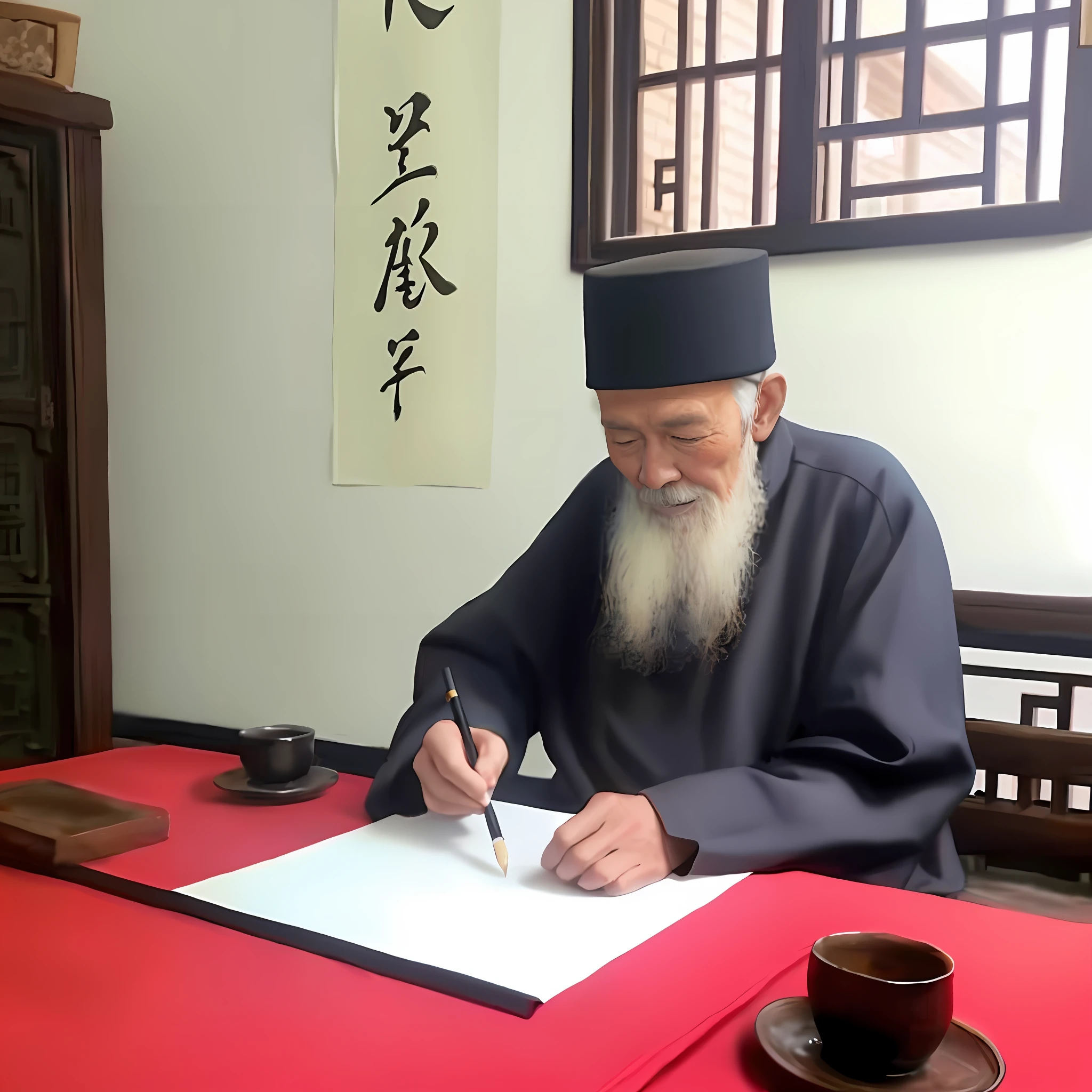 Alphad man in black hat writing on a piece of paper, he is about 8 0 years old, Taoist, Has a white beard,Write with a brush,On the table are several ancient books,inspired by Emperor Huizong of Song, inspired by Wu Daozi, inspired by Li Shixing, inspired by Xuande Emperor, chinese artist, inspired by Zhang Shunzi,