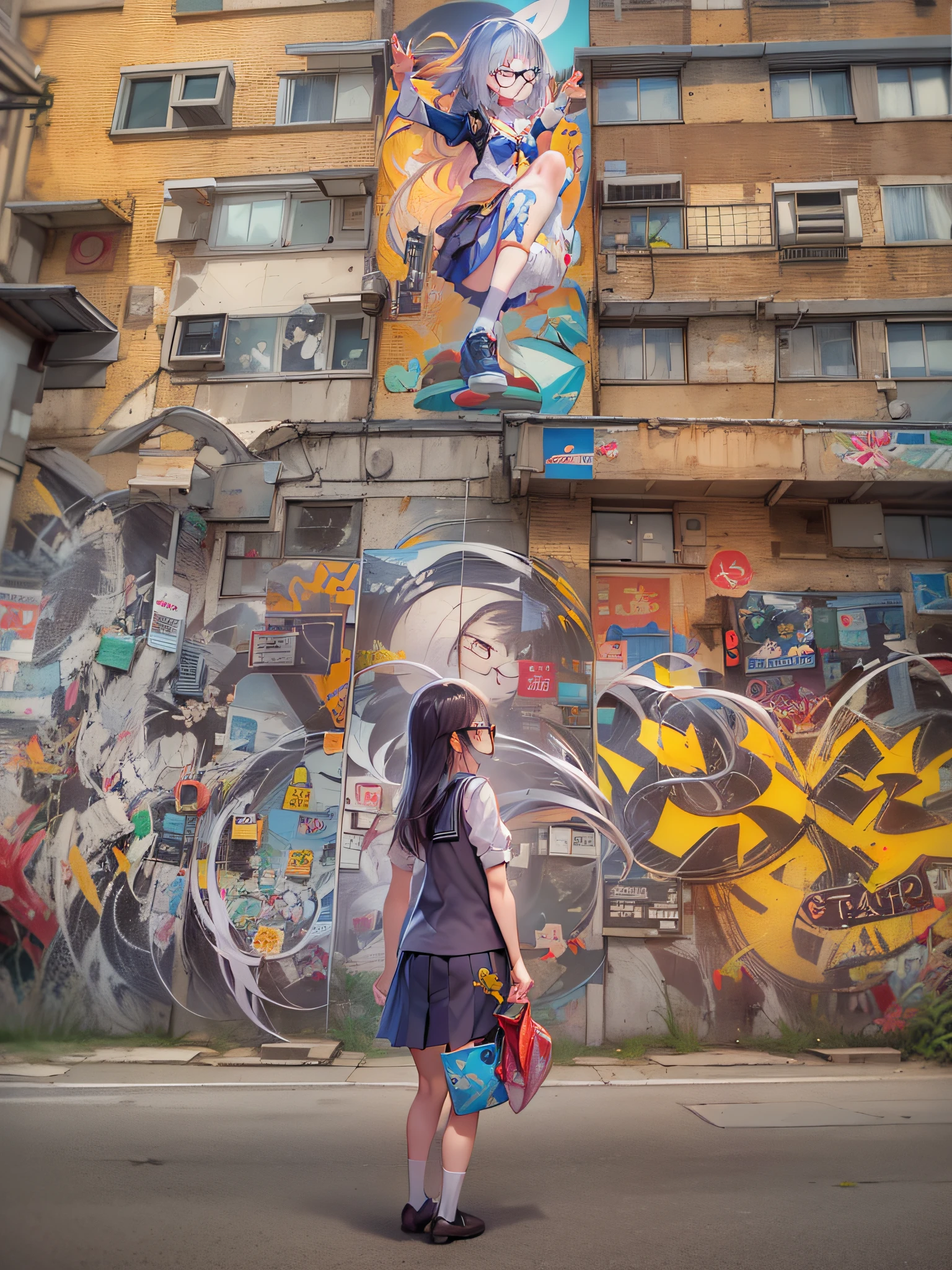 Vivid and beautiful murals by street art:2、Create a piece with an urban feel:1.4、With a powerful work that makes you feel free expression、Incorporate spray art and graffiti elements。Cityscape surrounded by colorful walls:2、Drawing a landscape of a schoolgirl、3 girls in different poses、Japanese high school girl、Wearing uniforms,eye glasses,small tits、Wide Shot, Anatomically correct, Textured skin, awardwinning、Street Art Background:2、wide angles, 35 mm, canon、Contemporary art、