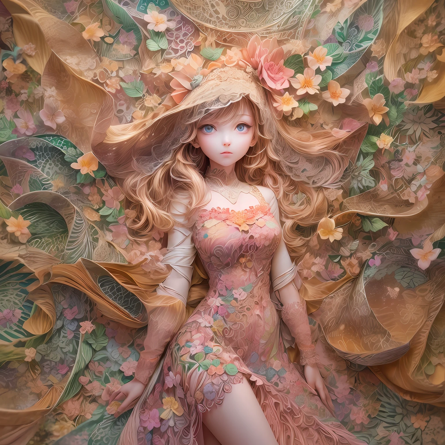 Rainbow Colors theme,(1 girl,Masterpiece peach blossoms), (illustration:1.2,paper art:1.2, zentangle:1.2, geomerty:1.2,3D render),(Best quality, Detailed details, Masterpiece, offcial art, movie light effect, 4K, Chiaroscuro)