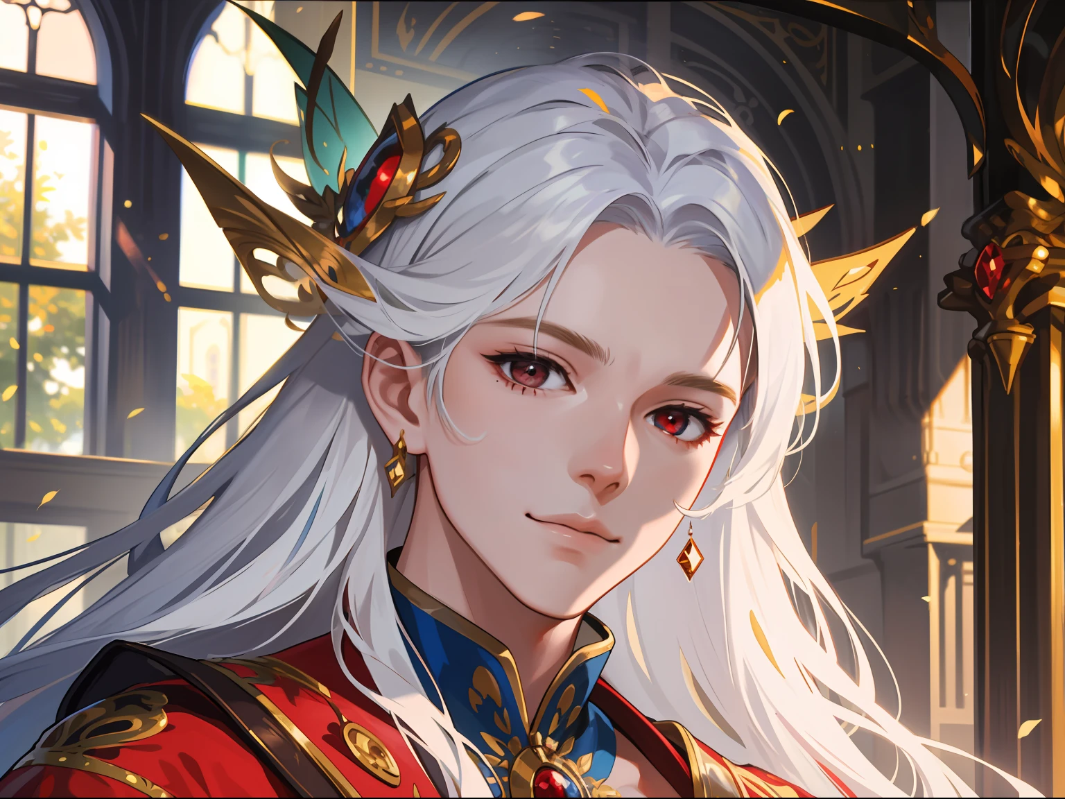 tmasterpiece,Need,super-fine,Semi-realistic,Meticulous facial features,1boy,whaite hair,long whitr hair,red - eyed,Wearing exquisite fairy costumes，ssmile