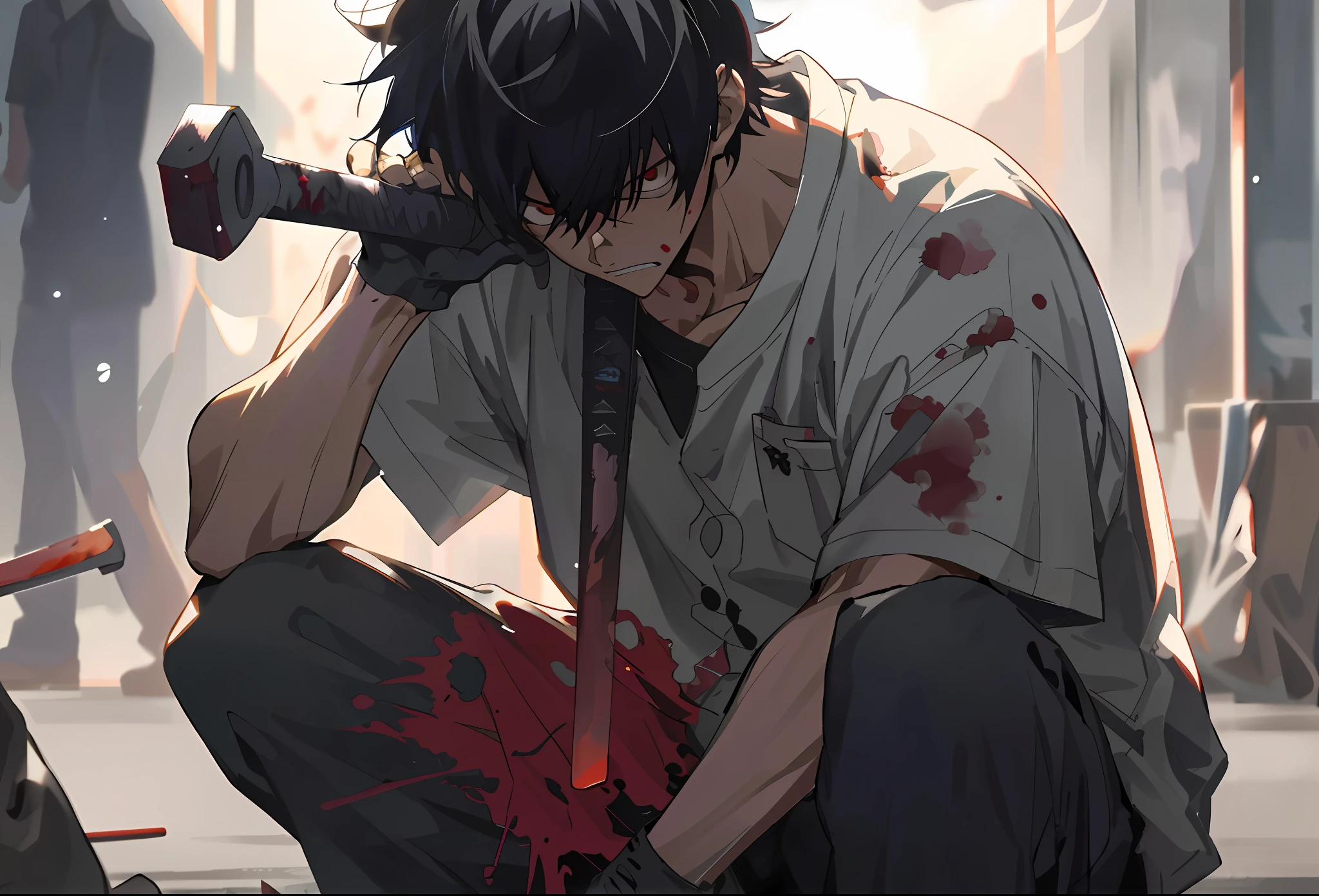 The anime man kneels in the room with a bloody knife, handsome guy in demon killer art, gapmoe Yandere, Guviz, Guviz-style artwork, shigenori soejima illustration, clean and meticulous anime art, Kawasi, Detailed digital anime art, Yandere, Badass anime 8 K, screenshot from guro anime, animated still