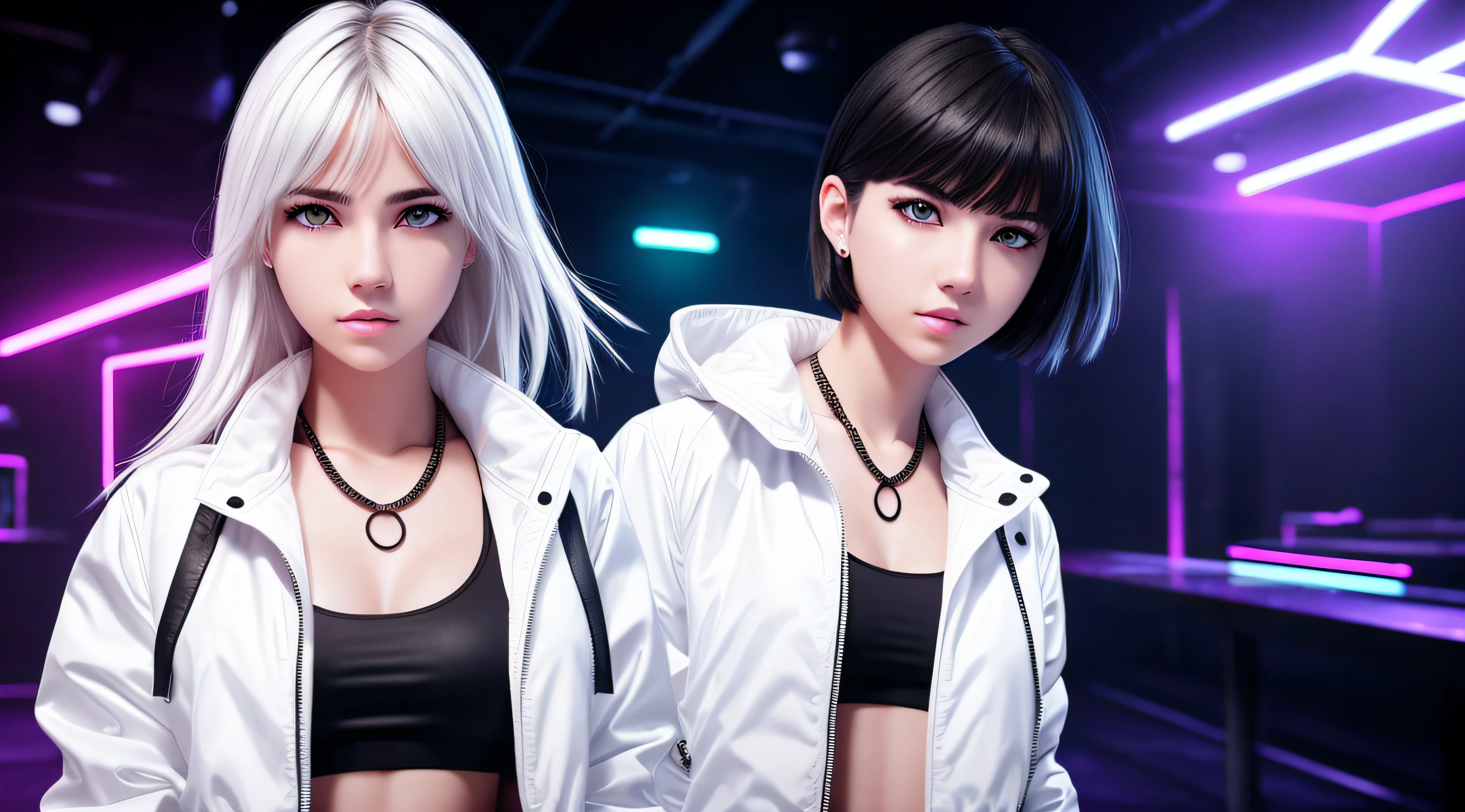 girl with black eyes, smooth white realistic skin, half body, wolf cut hair, big boobs, club background, neon ambient light, wearing white jacket and black chain details, semirealistic, HDR, raw photo --auto
