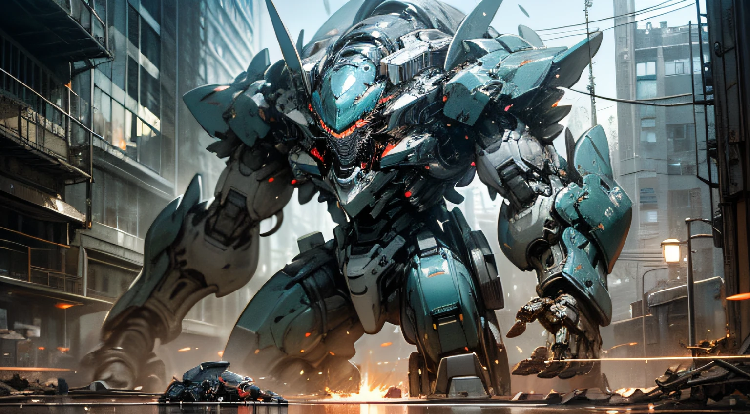 k hd、Best picture quality、ultra - detailed、Beautiful illustrations,silvery white,Pacific Rim,city ruins,Blue Light Flame,Scene of robots fighting monsters