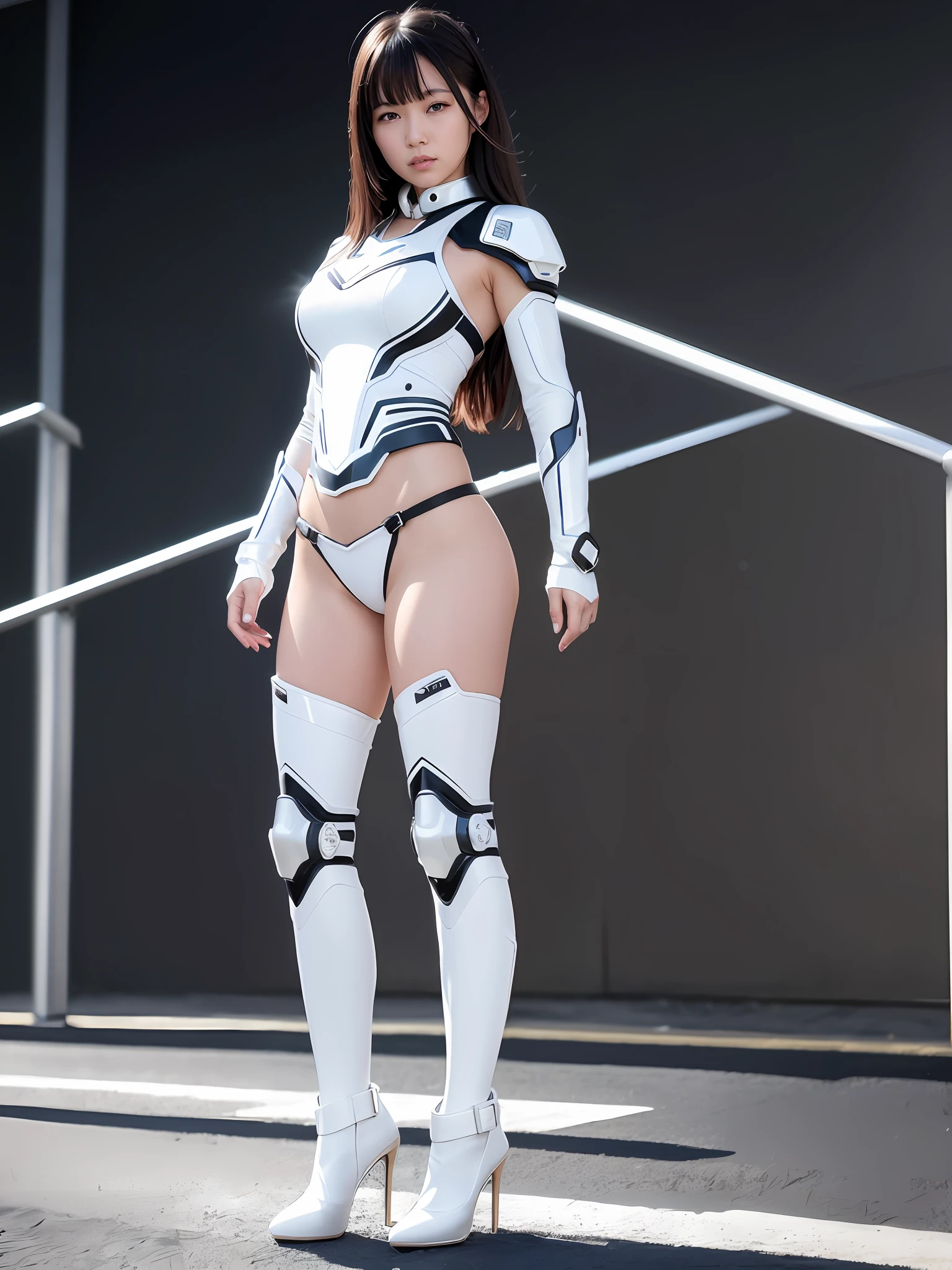 a japanese girl、23years old、Standing、Moderately sized bust、White panty bra、Translucent panty house、Vinyl shiny white cybernetic suit、Arm Cover Protector、Boots that cover the thighs、beautiful dark chestnut hair、Exposure of thighs and abdomen、 Detailed skin texture, Detailed Cloth Texture, beautifull detailed face, Looking at the camera、二重まぶた、A slight smil、perfect buttocks、