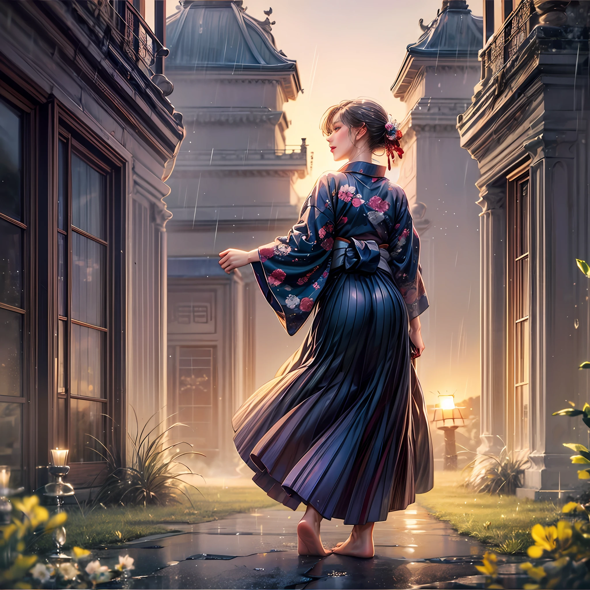 A lonely female ronin dances in the rain in a bloody yukata，The barefoot，Wet pubic hair，from back，（long sword），Wavy（tall grass：1.2），the sunset，[messy  hair]，full bodyesbian，dramatics，The light from the back window is backlighted，Volumetriclighting，（详细的脸），（highly  detailed：1.2），painting of a，full bloom --auto