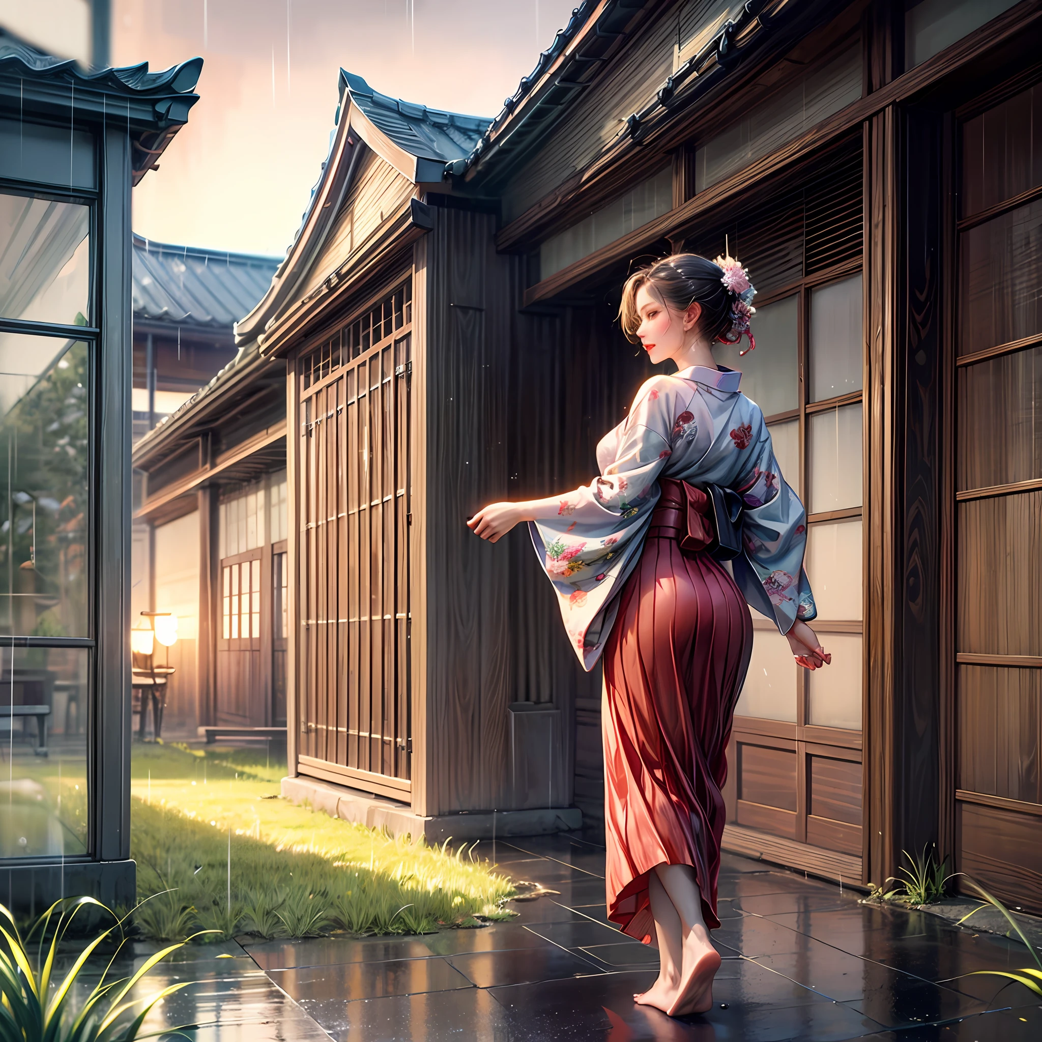 A lonely female ronin dances in the rain in a bloody yukata，The barefoot，Wet pubic hair，from back，（long sword），Wavy（tall grass：1.2），the sunset，[messy  hair]，full bodyesbian，dramatics，The light from the back window is backlighted，Volumetriclighting，（详细的脸），（highly  detailed：1.2），painting of a，full bloom --auto