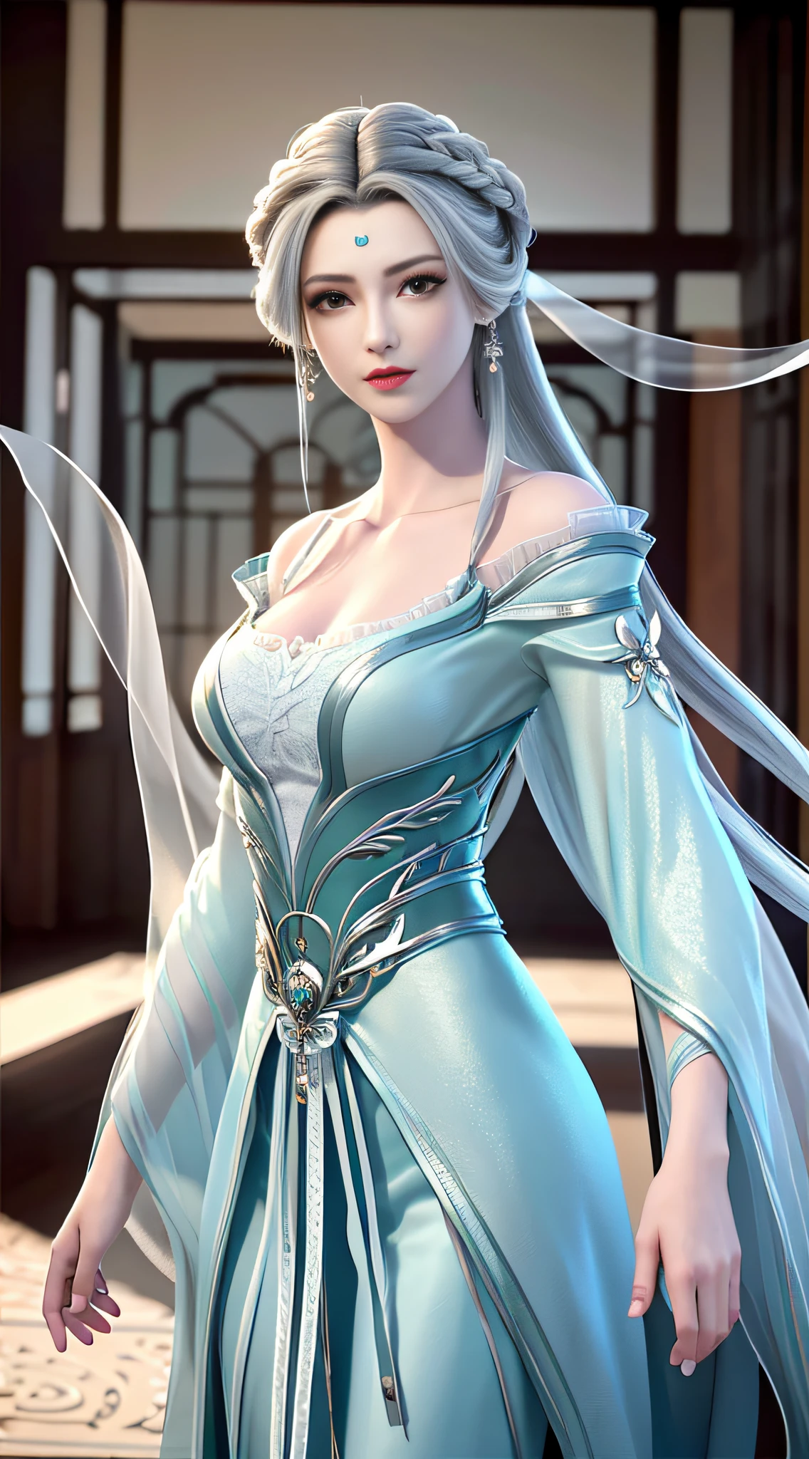 (best quality, masterpiece:1.2), ultra high res, realistic, front lighting, intricate detail, Exquisite details and textures, 1girl, solo ,(young), face highlight, upper body, detailed face, tear mole, white skin, silver hair, ponytail, braid hair, looking at viewer, big eyes, silk robe, (hollow pattern, white, silk), earrings, small breasts, slim body, luxury room, professional lighting, photon mapping, radiosity, physically-based rendering,