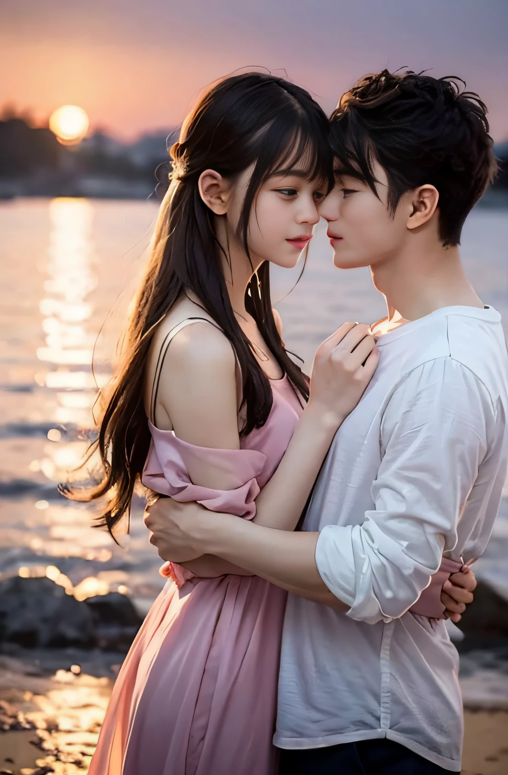 At this enchanting twilight，A handsome boy hugged a girl with long flowing hair，The girl's name is Nami，They were gently surrounded by the afterglow of the sunset。The boy gazed affectionately into the girl's eyes，As if searching for the secrets of her soul。subsequently，Their cheeks leaned together，Lips touch，Together, they create an endlessly warm moment。The girl's hair danced gently in the breeze，It's like a poetic picture。This sweet kiss seemed so pure，Full of the sweetness of love，Let you revel in this wonderful twilight romance。