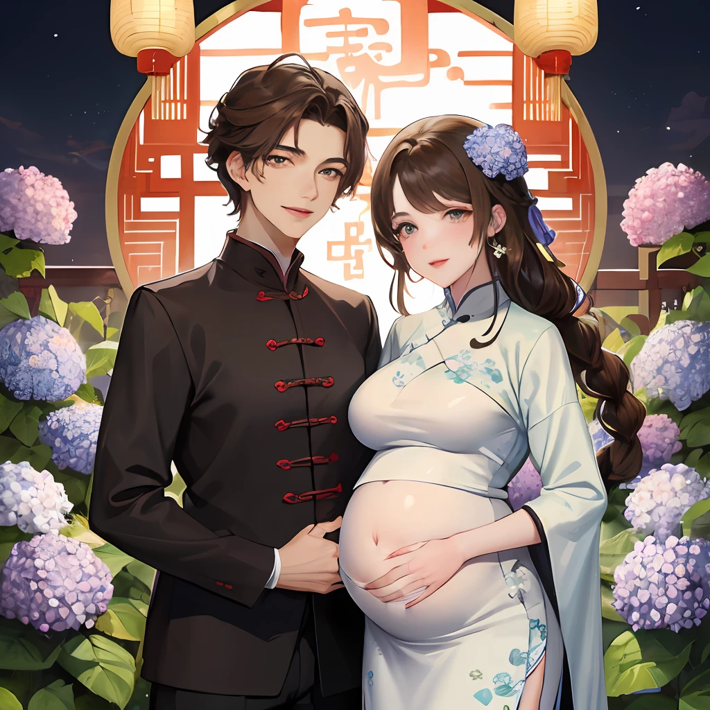 Masterpiece, Best quality, Night, full moon, 1 beautiful man looking at his wife's pregnant belly Mature woman, Chinese style, Ancient China, Smile, Brown hair, Princess cut, Single strips of fried dough twisted braid, Coiled hair, Double ball head, Light pink lips, calm, Intellectual, mid hair, green pupills, Hairpin, hydrangea,