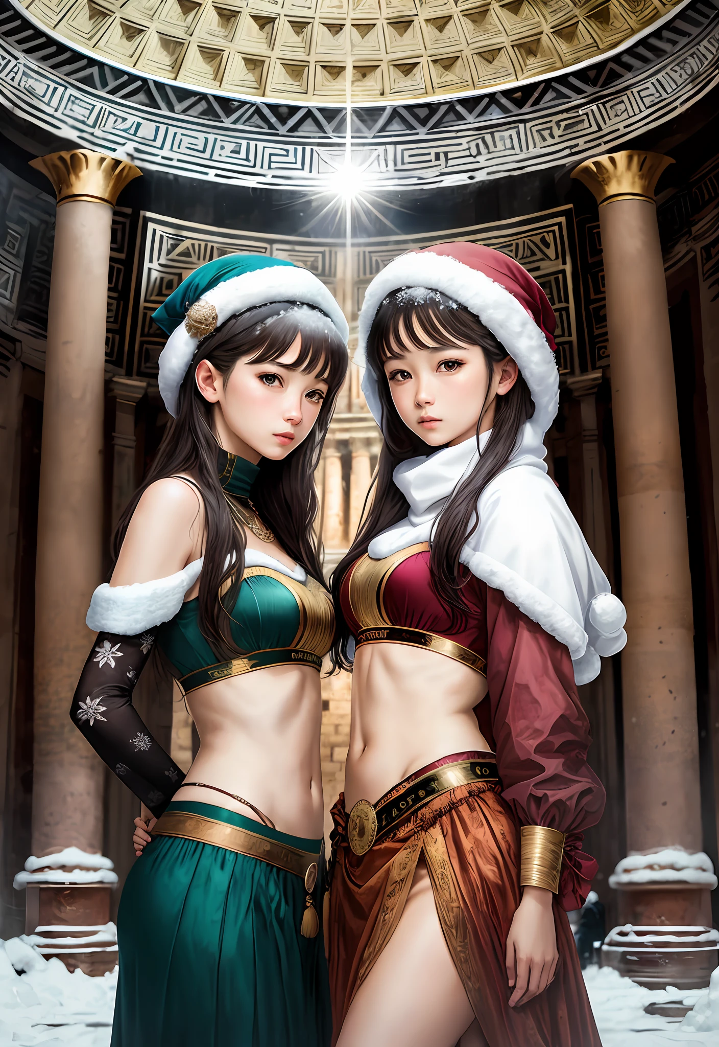 (Positive focus),2girls,duo,navel,(At the Pantheon in Rome,crowd,winter,Snowy),Surrealistic Female Portraits by David Hockney and Alphonse Mucha,Fantasy art,photograph realistic, Dynamic lighting,art stations,poster for,Volumetriclighting,Very detailed faces,4K,Award-Awarded,Fantastic costumes,Deep shadows,low tune,cowboy lens, (official outfit:1.4), looking at the camera in, Half-body shot,((Realistic face))),