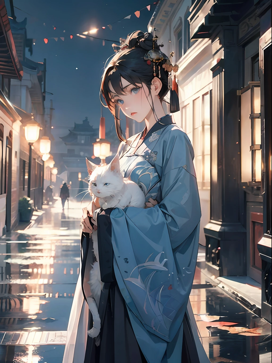 ultraclear，tmasterpiece，Outside the Chinese Imperial Palace，1girll，blue color eyes，expression sad，，are standing，cabelos preto e longos，Lilac Hanfu，Embrace a dead white cat，the night，Background with:1man 1girl，