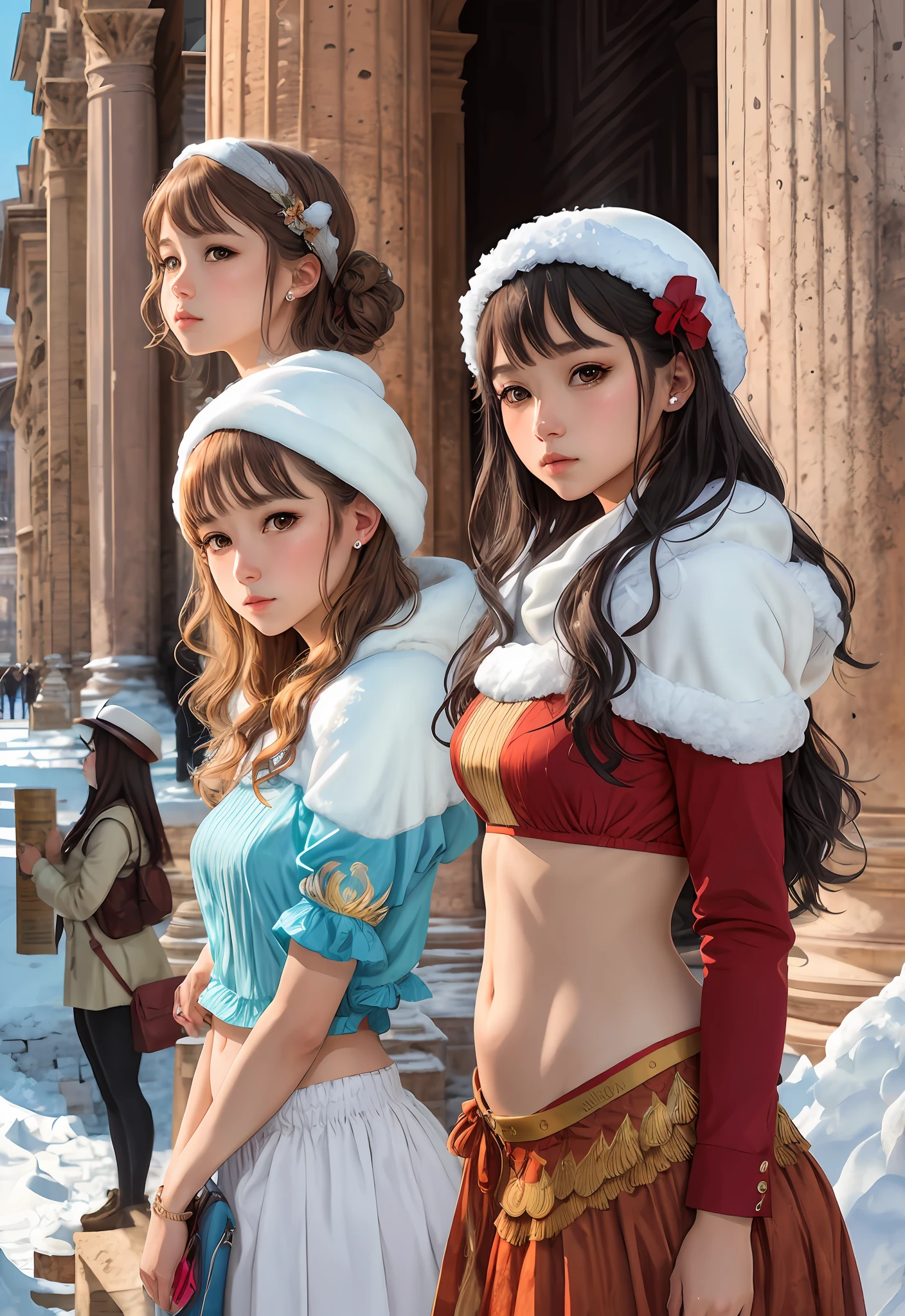（Positive focus),2girls,duo,navel,(At the Pantheon in Rome,crowd,winter,Snowy),Surrealistic Female Portraits by David Hockney and Alphonse Mucha,Fantasy art,photograph realistic， Dynamic lighting，art  stations,poster for,Volumetriclighting,Very detailed faces,4K,Award-Awarded,Fantastic costumes,Deep shadows,low tune,cowboy lens， （official outfit：1.4）， looking at the camera in， Half-body shot，（（Realistic face））），