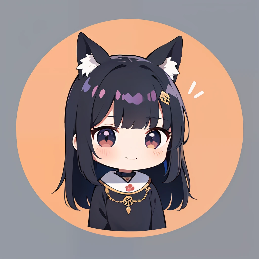 超A high resolution, nffsw, Best aesthetic, Best Quality, masutepiece, Flat Avatar, Perfect litthing、(colourfull、vivd colour: 1.4)、a Dog、Has iridescent hair,　is shy, A smile, hair adornments, Chibi, simple background, 耳环, jewely, side locks, large oval eyes,Flat Avatar,  A smile, head shot, simple background, A dark-haired,