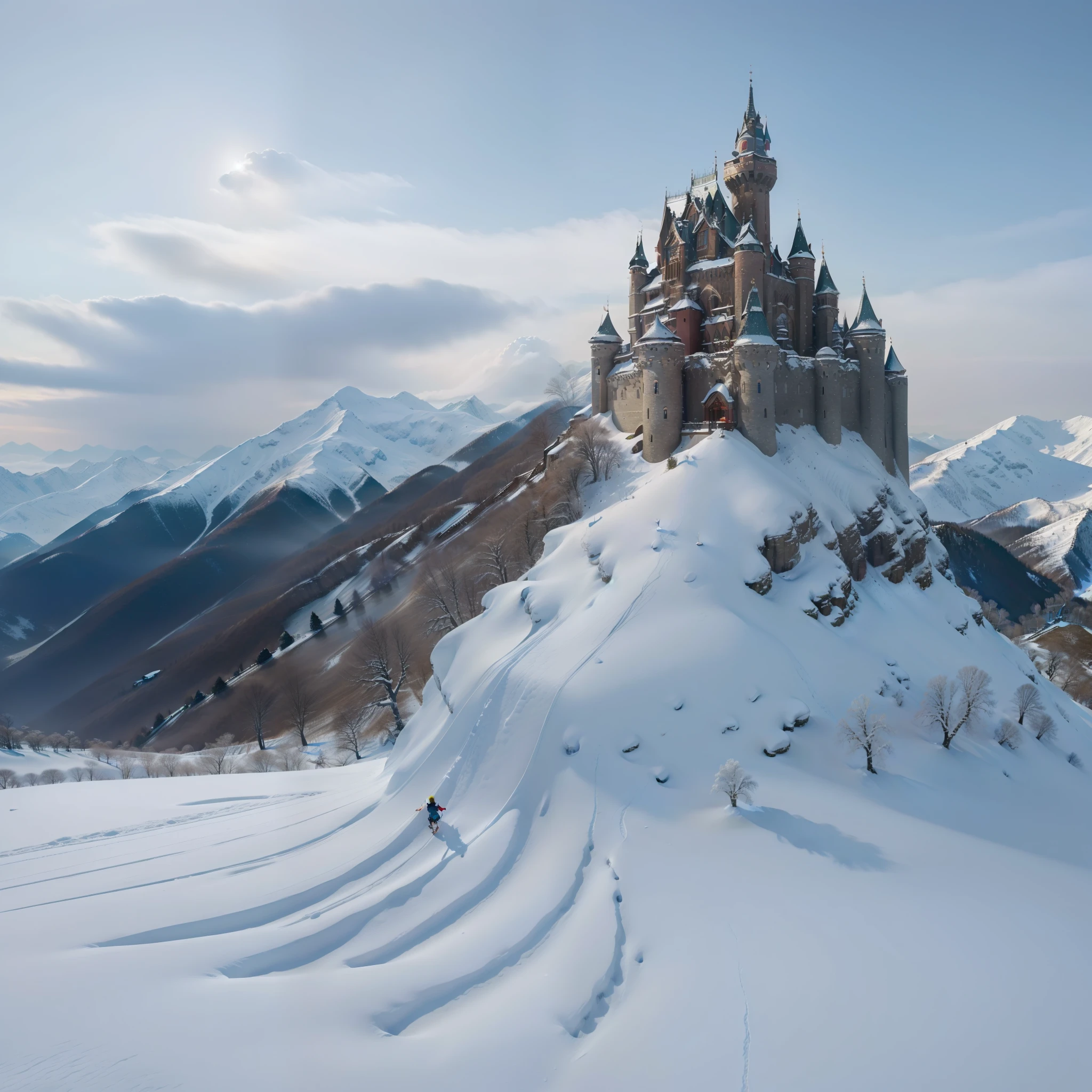 ((top-quality、8k、masterpiece:1.3))、Extremely delicate、Snowy mountain landscape、Flying Dragon、A towering castle