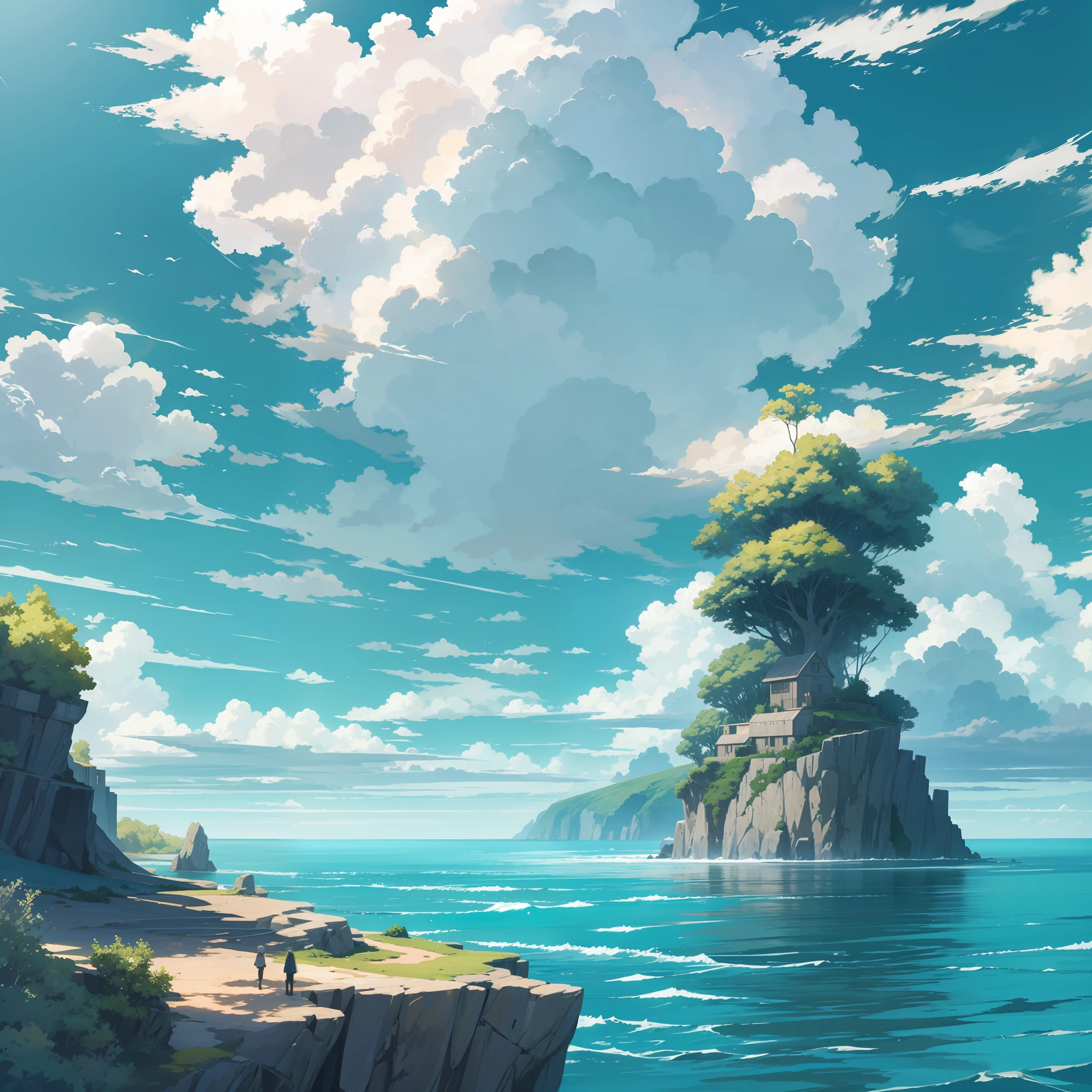 A green island hangs over the sea. letho. Clear weather. High in the sky cumulus clouds. Glare from the sun is visible on the water. There are no people in the scene. hiquality. style anime. tmasterpiece, soft-lighting, higly detailed.