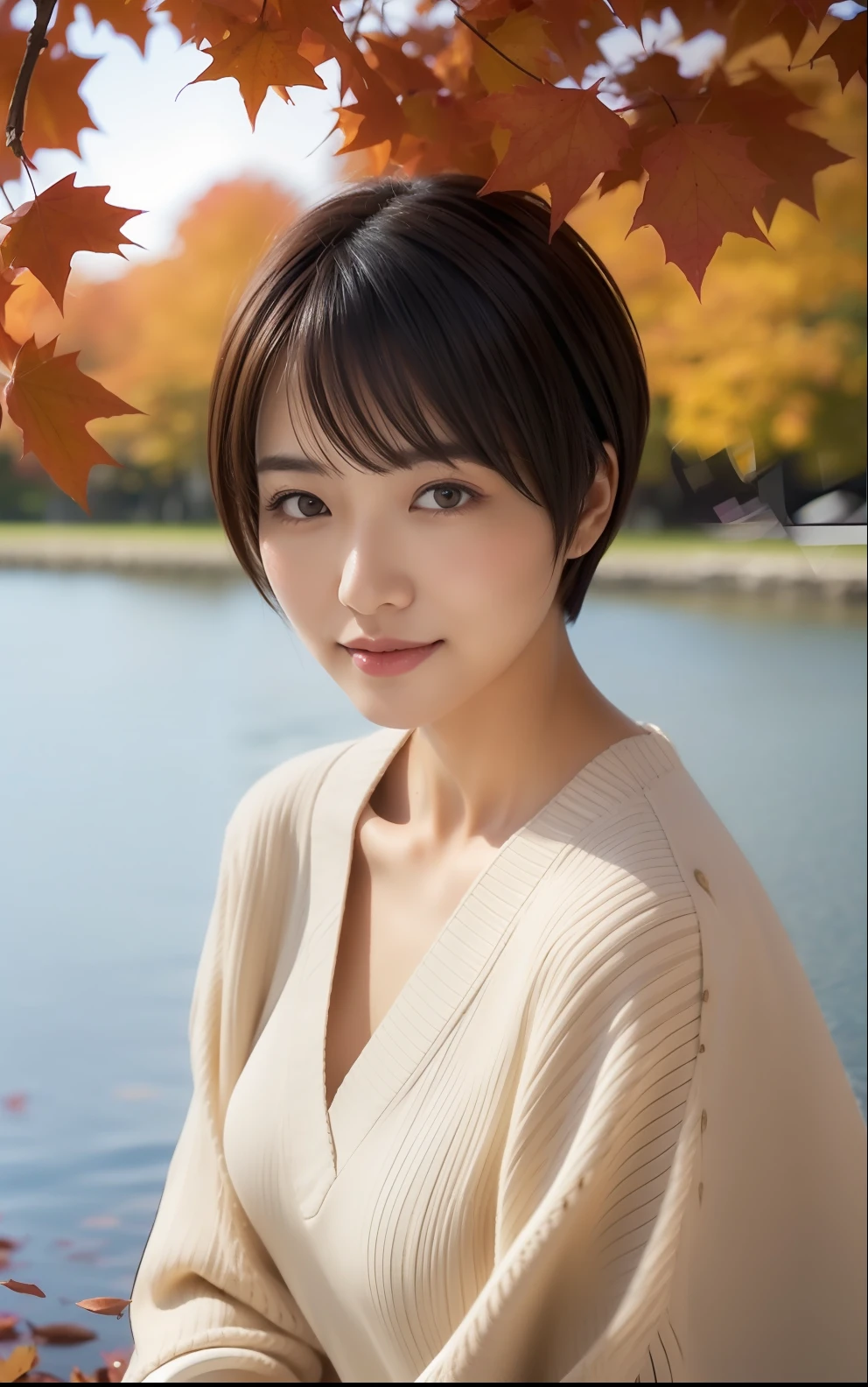 "Cute Japan woman with a short cut relaxing on the lakeside where the autumn leaves are reflected"、Photorealsitic、Beautiful detailed eyes、Hyper-Realism、highcontrast、Ultra HD、realistic skin textures、Top image quality、top-quality、超A high resolution、Fine details、Very meticulously