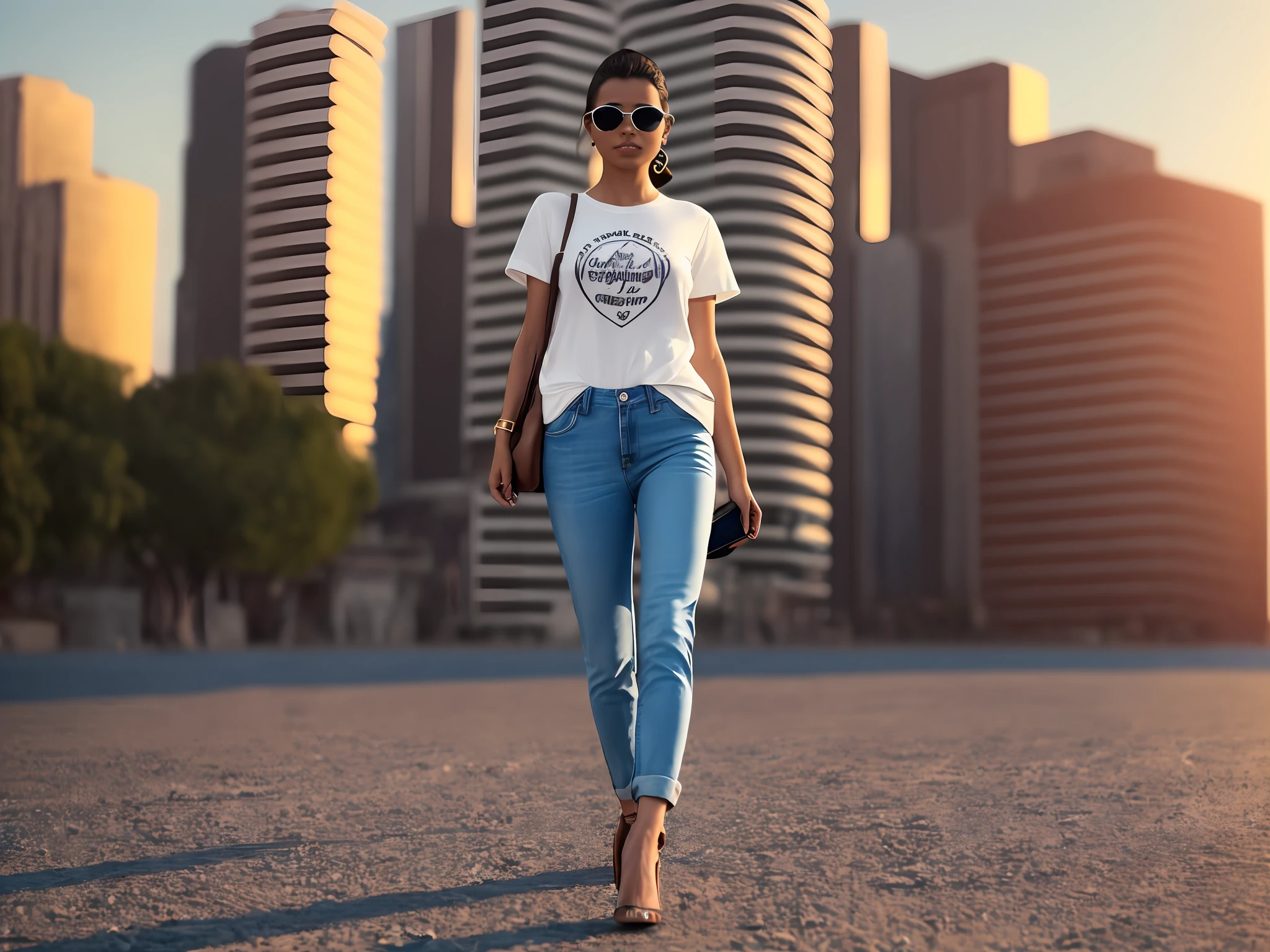 Uma mulher caminhando , full body shot, cgi, dslr, fantastic realism, city background, casual outfit, lack plain Tee-shirt, round neck Tee-shirt, full length tee-shirt, with tight jeans, heels, bronzepunk, back hairs indian girl, 3d, cinematic, golden hour, medium tight braests. Dark Sunglasses, walking
