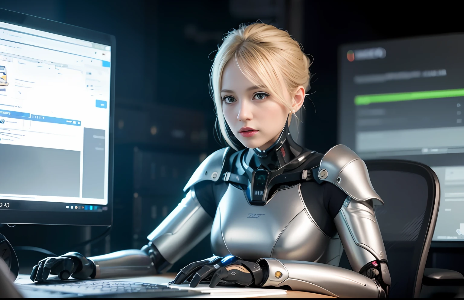 сложный 3D-рендер, ultra detailed beautiful porcelain android woman face, Young woman sitting at the computer in a friendly pose, zolotisní world, robotic details, 150 mm, Beautiful studio soft light, Edge light, Vivid details, luxurious cyberpunk, lace, A hyper-realistic, anatomical, facial muscles, cable, electrical wires, microchip, elegant, Beautiful background, Octane imaging, HR Giger Style, 8K, beste-Qualit, tmasterpiece, illustartion, Extremely thin and beautiful, Extremely detailed, computer graphics, unity, wallpapers, (realisti, photo-realistic: 1,37), breath taking, Finely detailed, tmasterpiece, beste-Qualit, official arts, extremely detailed wallpapers Computer graphics Unity 8K, Absurd, Incredibly absurd, a robot, Silver helmet, The whole body, sedentary