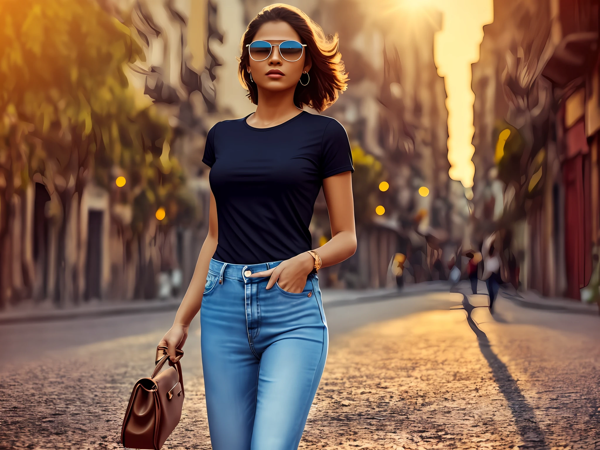 Uma mulher caminhando , full body shot, cgi, dslr, fantastic realism, city background, casual outfit, lack plain Tee-shirt, round neck Tee-shirt, full length tee-shirt, with tight jeans, heels, bronzepunk, back hairs indian girl, 3d, cinematic, golden hour, medium tight braests. Dark Sunglasses, walking