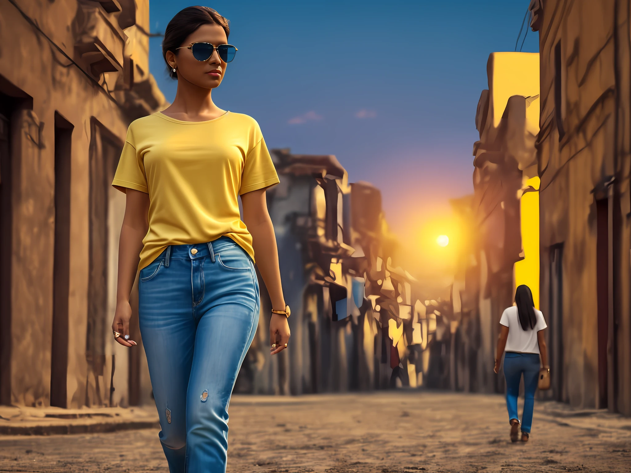 Uma mulher caminhando , full body shot, cgi, dslr, fantastic realism, city background, casual outfit, lack plain Tee-shirt, round neck Tee-shirt, full length tee-shirt, with tight jeans, heels, bronzepunk, back hairs indian girl, 3d, cinematic, golden hour, medium tight braests. Dark Sunglasses, walking