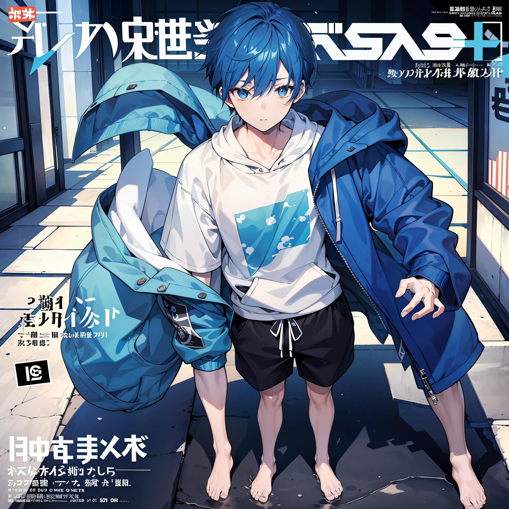 masterpiece, best quality, full body, (1boy), (blue hoodie), (Boy Messy Japanese Round Haircut for Thick Hair), (blue hair), black shorts, (solo), (magazine:1.3), (cover-style:1.3), fashionable,