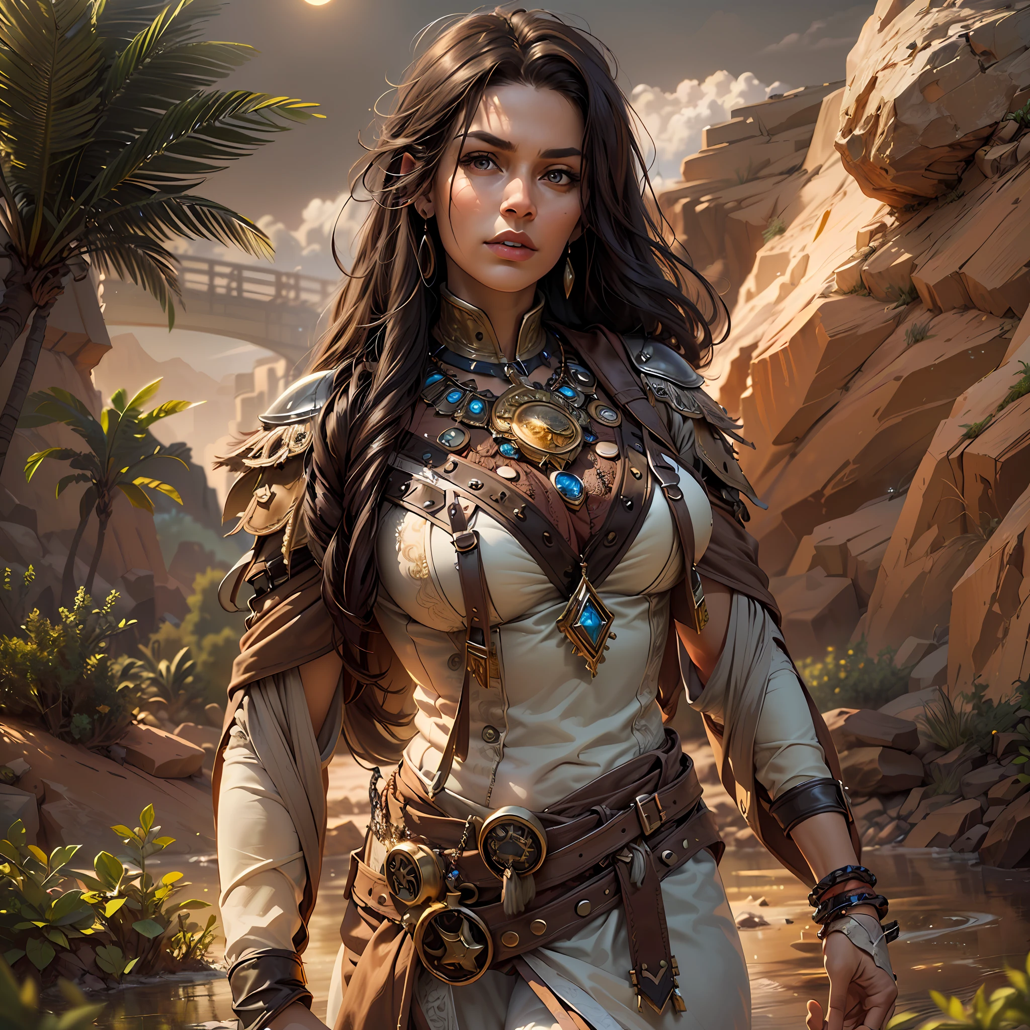 high details, best quality, 8k, [ultra detailed], masterpiece, best quality, (extremely detailed), dynamic angle, ultra wide shot, RAW, photorealistic, fantasy art, realistic art, a wide angle picture of a female human druid, knelling woman (1.5 intricate details, Masterpiece, best quality) talking to a desert [[predator]] (1.6 intricate details, Masterpiece, best quality) in desert (1.5 intricate details, Masterpiece, best quality), a female  wearing leather clothes (1.4 intricate details, Masterpiece, best quality), leather boots, thick hair, long hair, brown hair, tan skin intense brown eyes, desert background (intense details), a stream flowing in an oasis (1.4 intricate details, Masterpiece, best quality), night, moon light, stars, dynamic angle, (1.4 intricate details, Masterpiece, best quality) 3D rendering, high details, best quality, highres, ultra wide angle